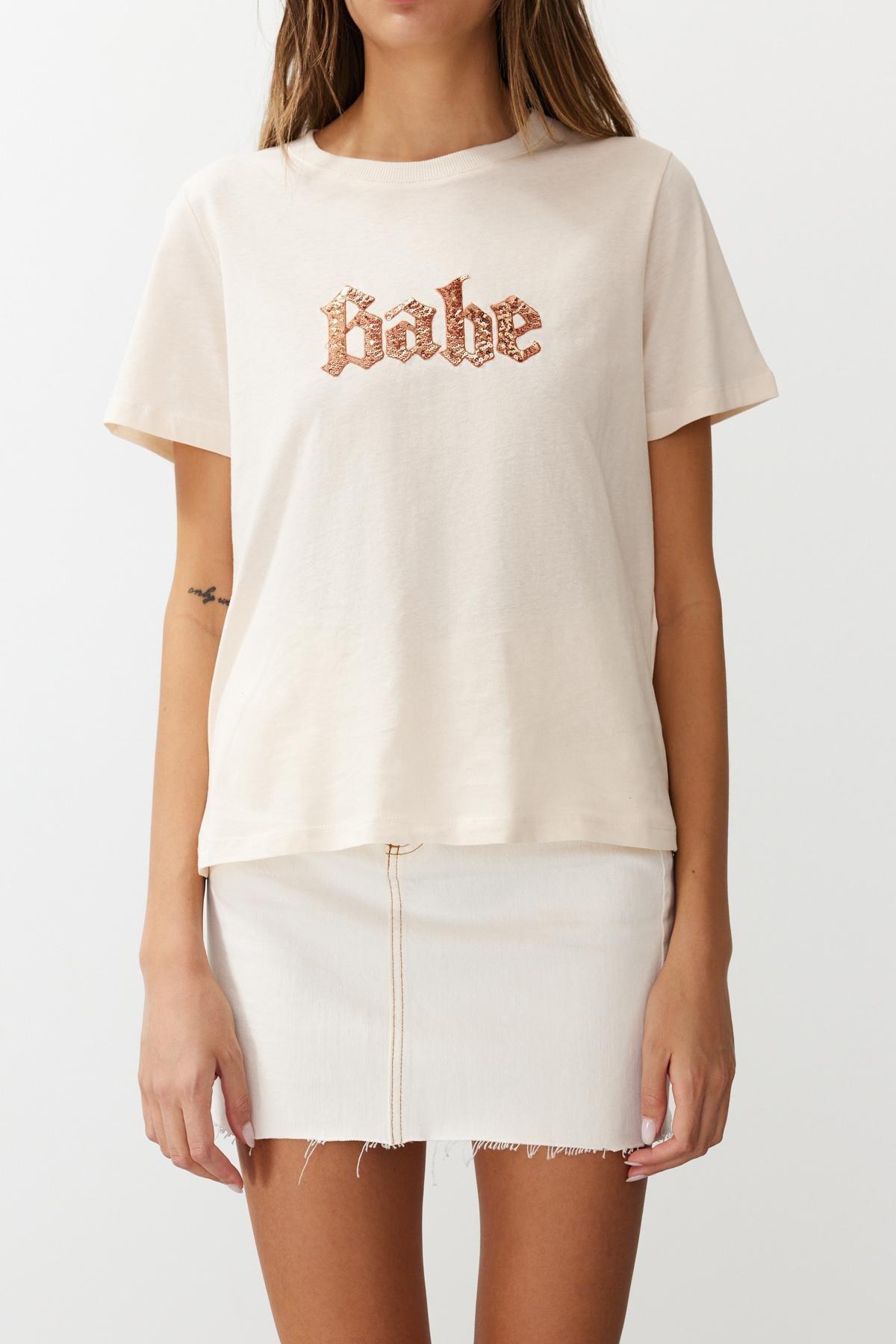 Beige Sequined Embroidered Pattern Knitted T-Shirt, , large image number 3