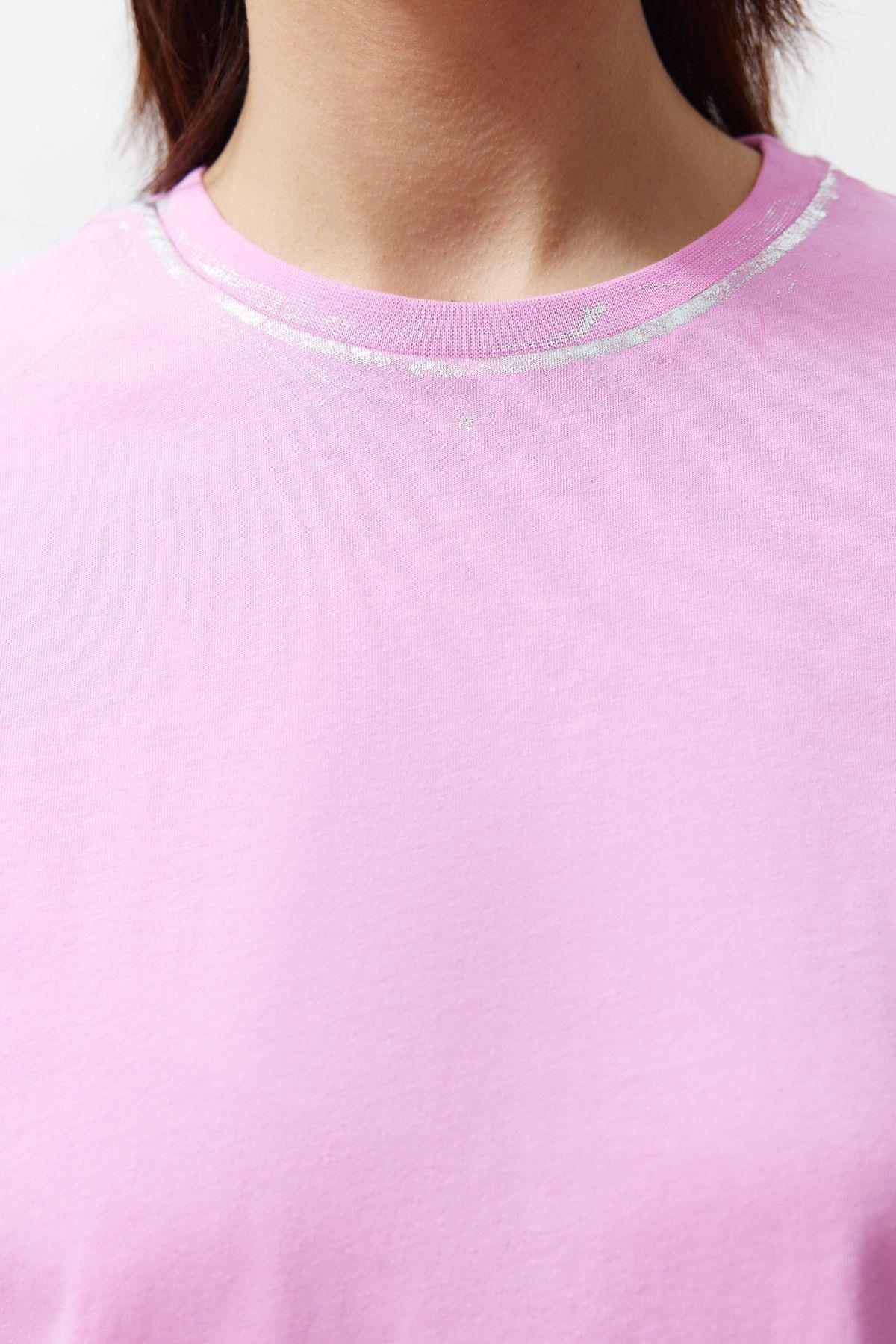 Pink Leafy Comfortable Pattern Knitted T-Shirt, , large image number 0