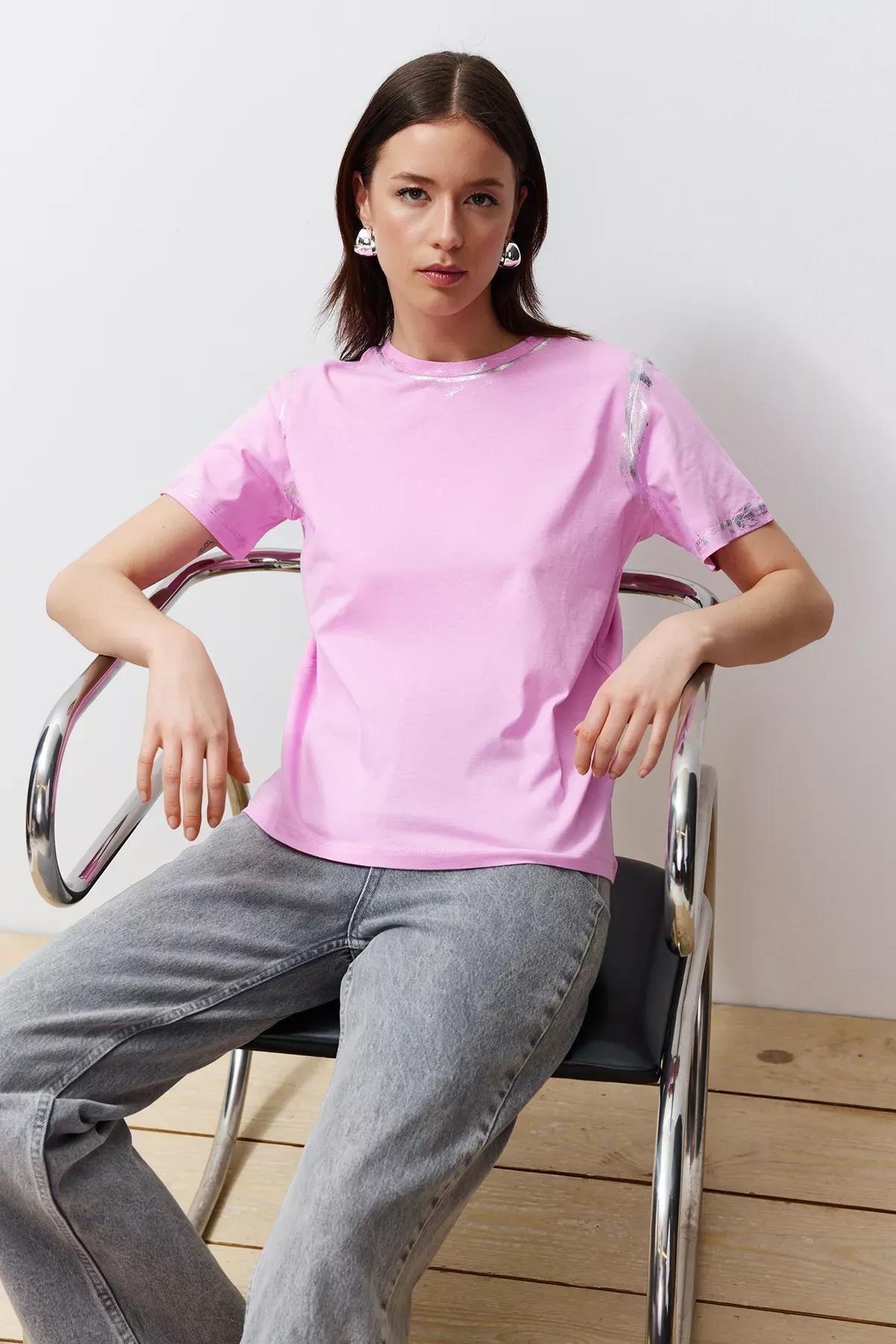 Pink Leafy Comfortable Pattern Knitted T-Shirt, Pink, large image number 0