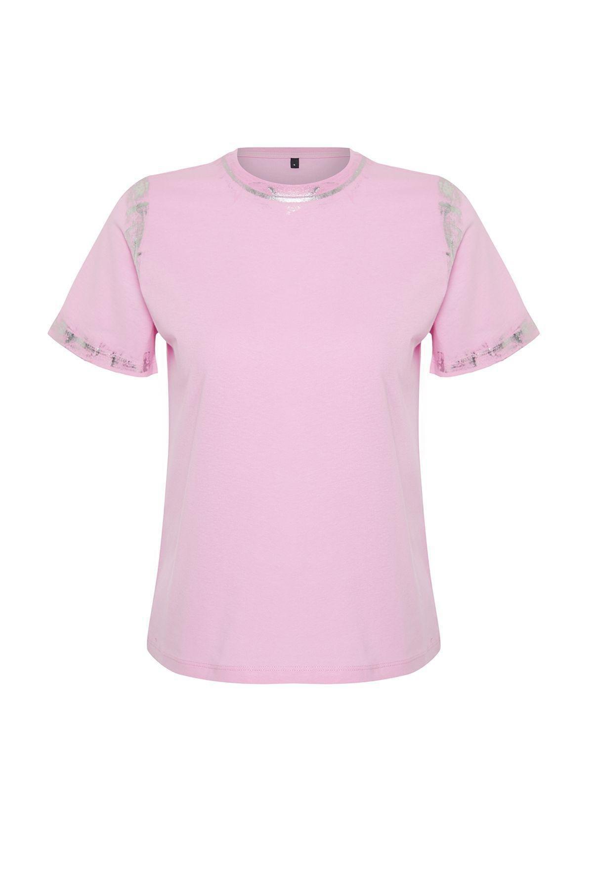 Pink Leafy Comfortable Pattern Knitted T-Shirt, , large image number 1