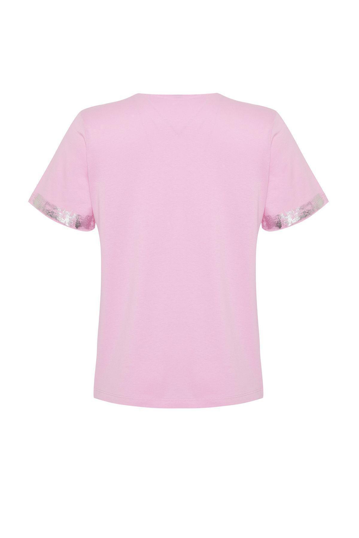 Pink Leafy Comfortable Pattern Knitted T-Shirt, , large image number 2