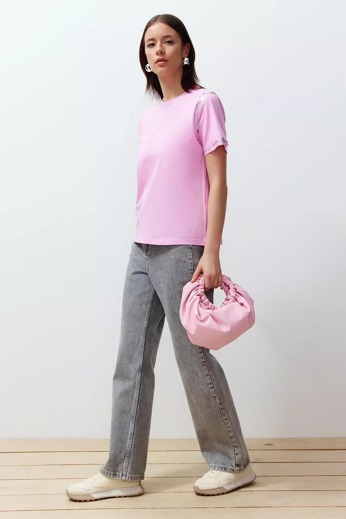 Pink Leafy Comfortable Pattern Knitted T-Shirt, Pink, large image number 2