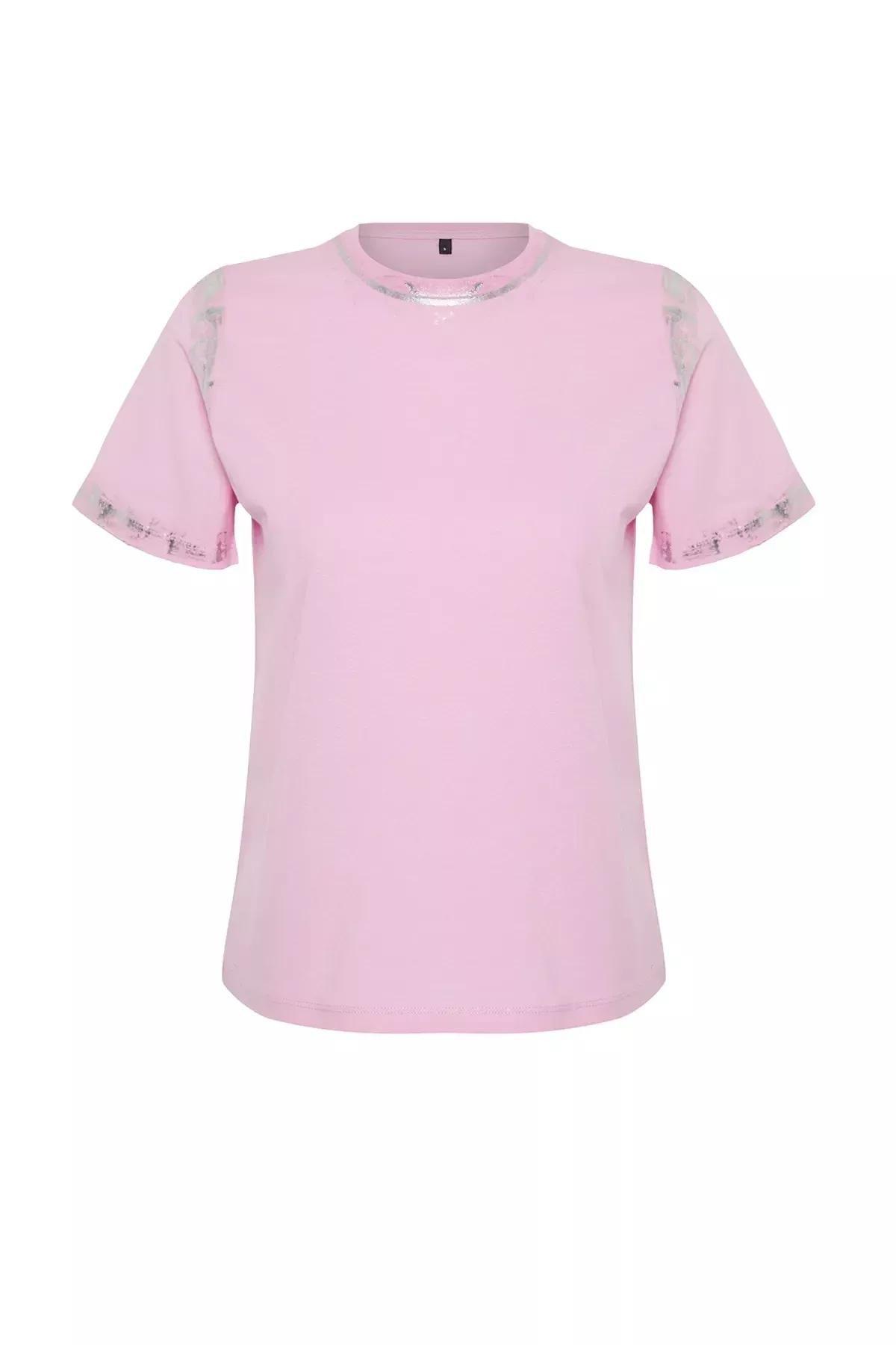 Pink Leafy Comfortable Pattern Knitted T-Shirt, Pink, large image number 5