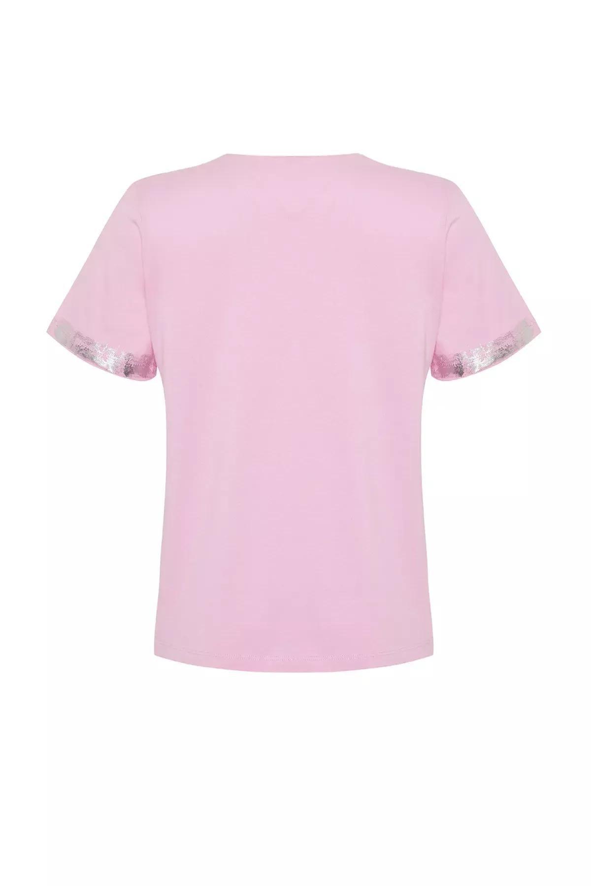 Pink Leafy Comfortable Pattern Knitted T-Shirt, Pink, large image number 6