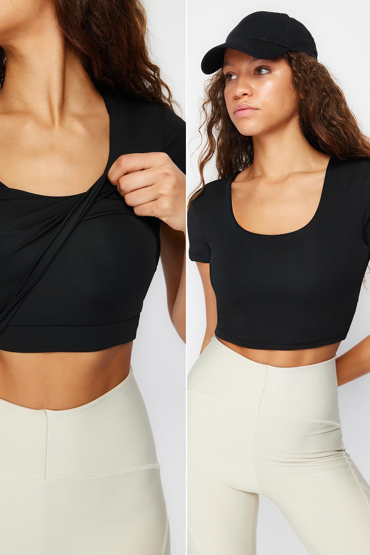Black 2 Layer Padded Sports Bra Crop Knitted Sports Top/Blouse THMSS24BZ00003, single, BLACK, large image number 0