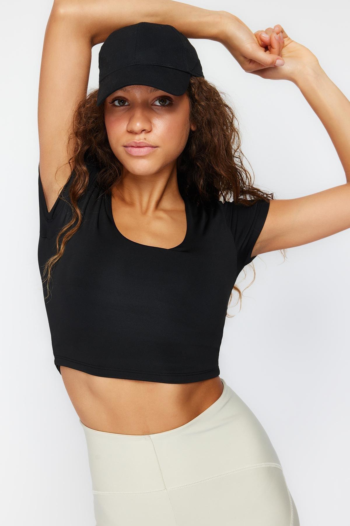 Black 2 Layer Padded Sports Bra Crop Knitted Sports Top/Blouse THMSS24BZ00003, single, BLACK, large image number 2