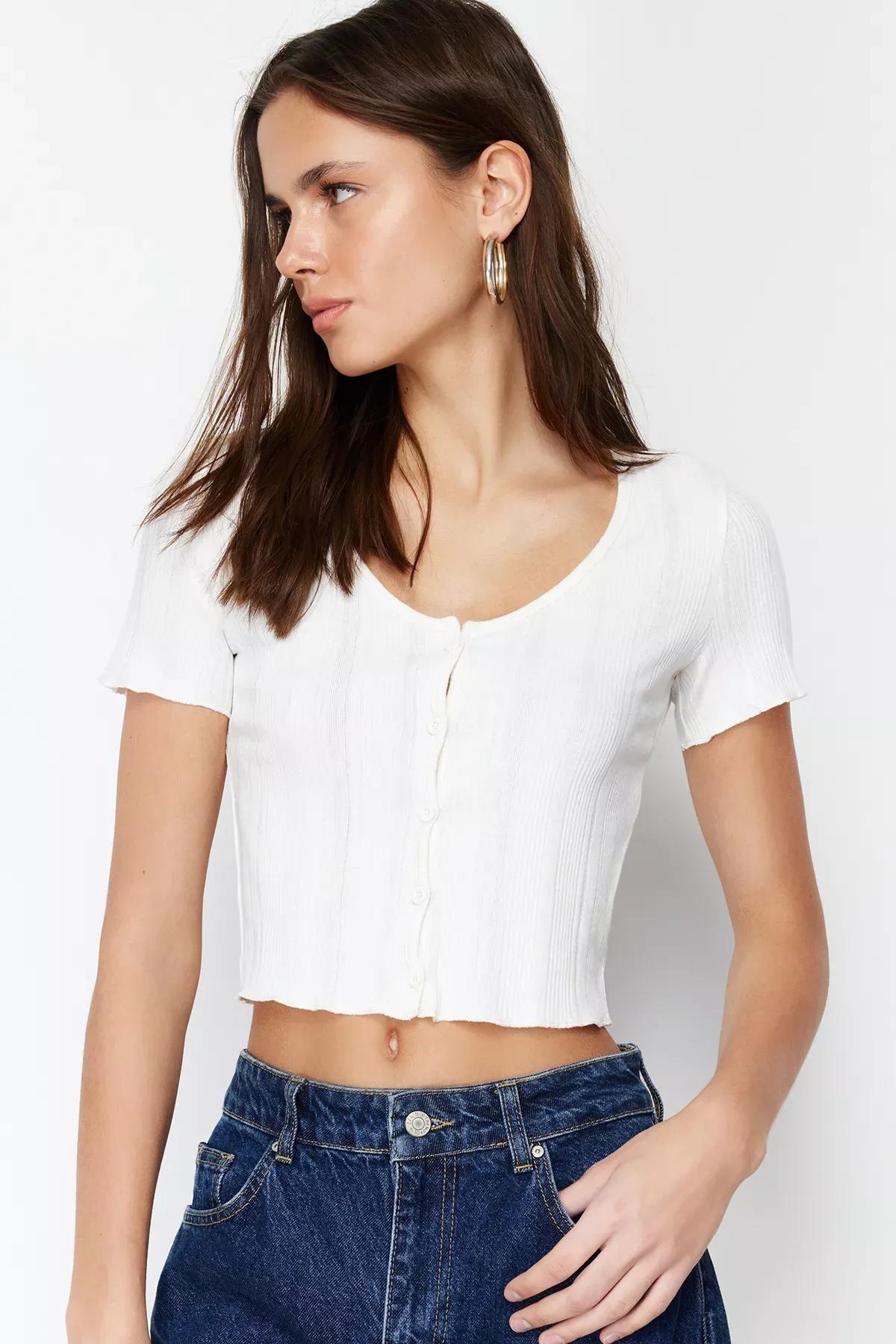 Ecru Pool Neck Ribbed Knitted Blouse, Ecru, large image number 0