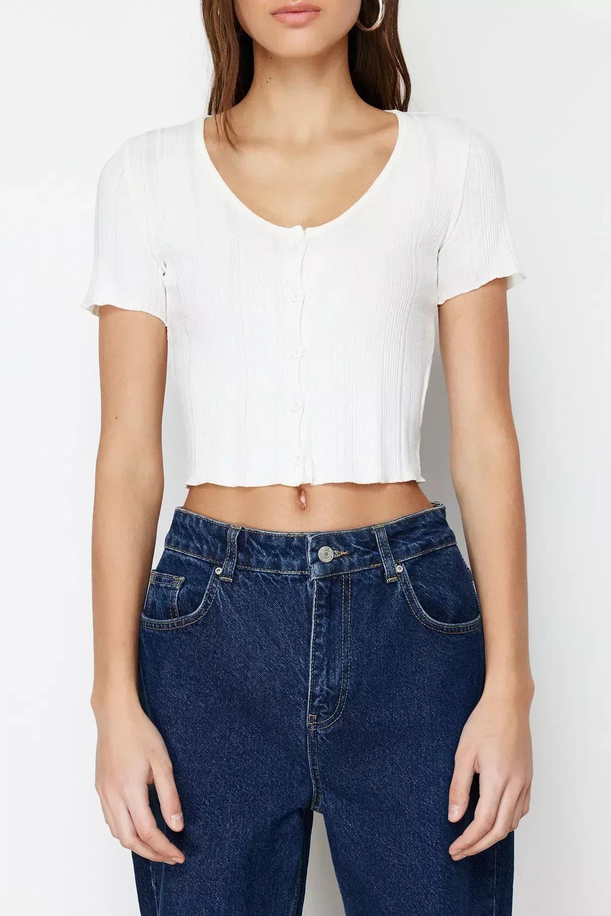 Ecru Pool Neck Ribbed Knitted Blouse, Ecru, large image number 4