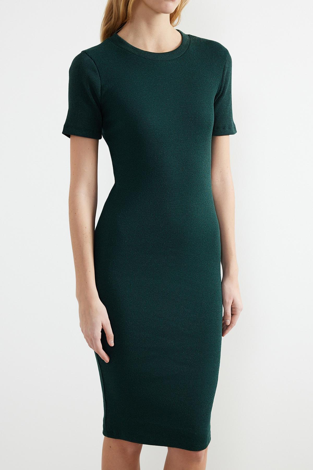 Green Short Sleeve Ribbed Midi Dress, , large image number 4