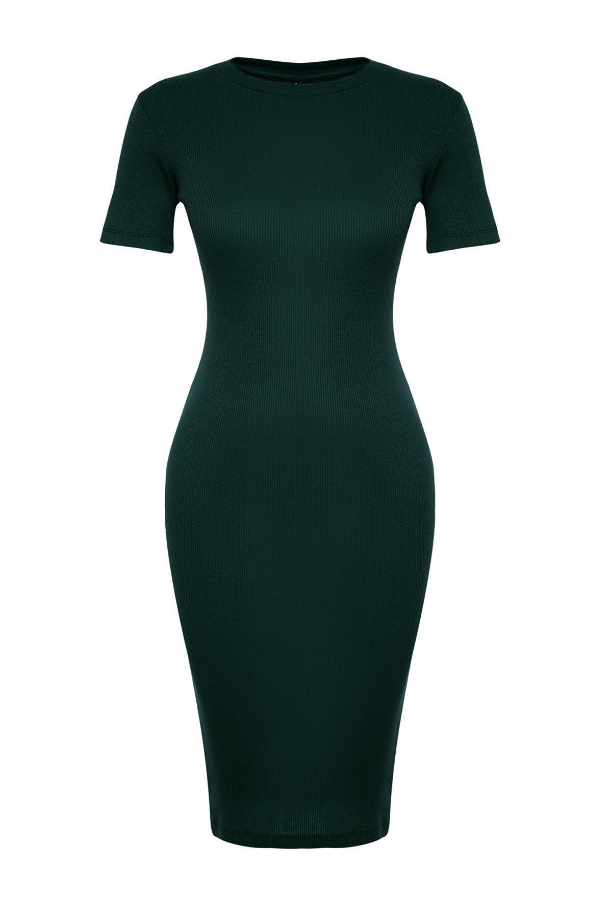 Green Short Sleeve Ribbed Midi Dress, , large image number 5
