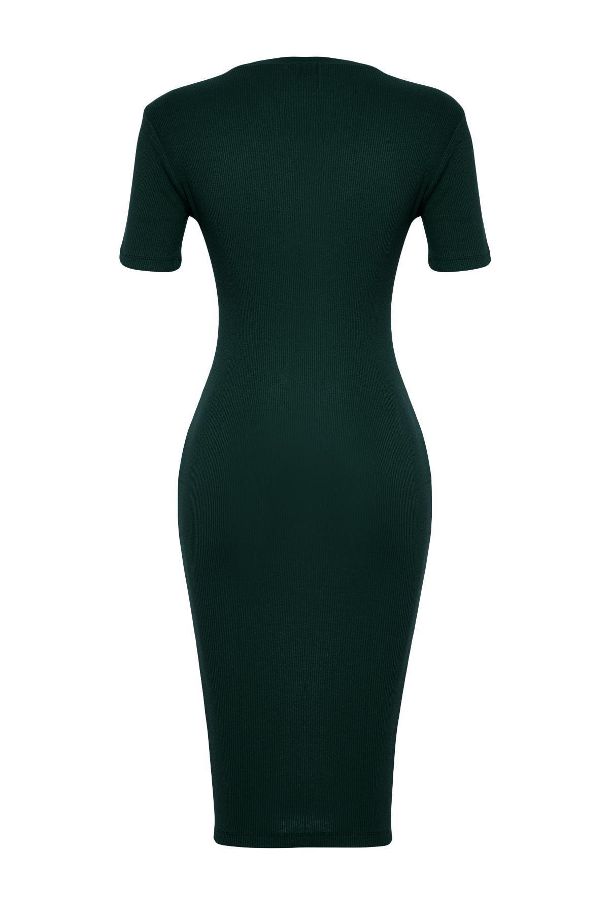 Green Short Sleeve Ribbed Midi Dress, , large image number 6