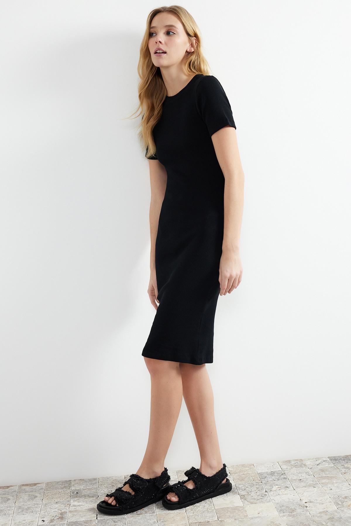 Black Short-Sleeve Ribbed Stretch Midi Dress, , large image number 2