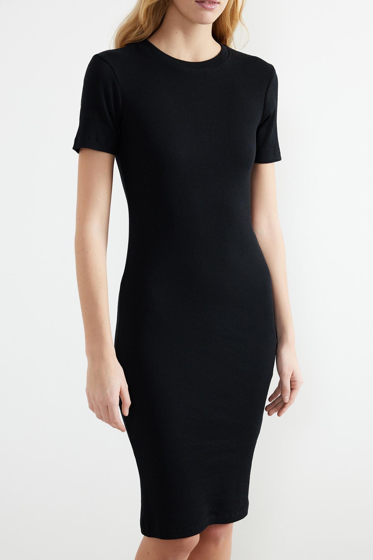 Black Short-Sleeve Ribbed Stretch Midi Dress, , large image number 4