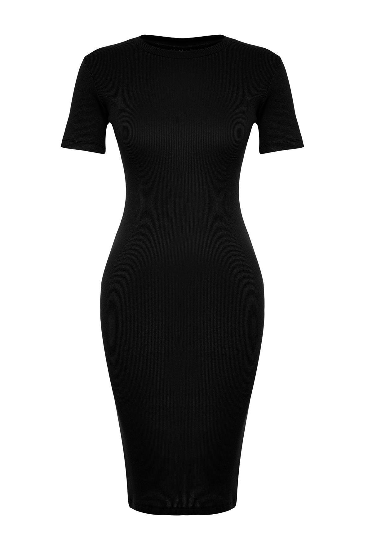 Black Short-Sleeve Ribbed Stretch Midi Dress, , large image number 5