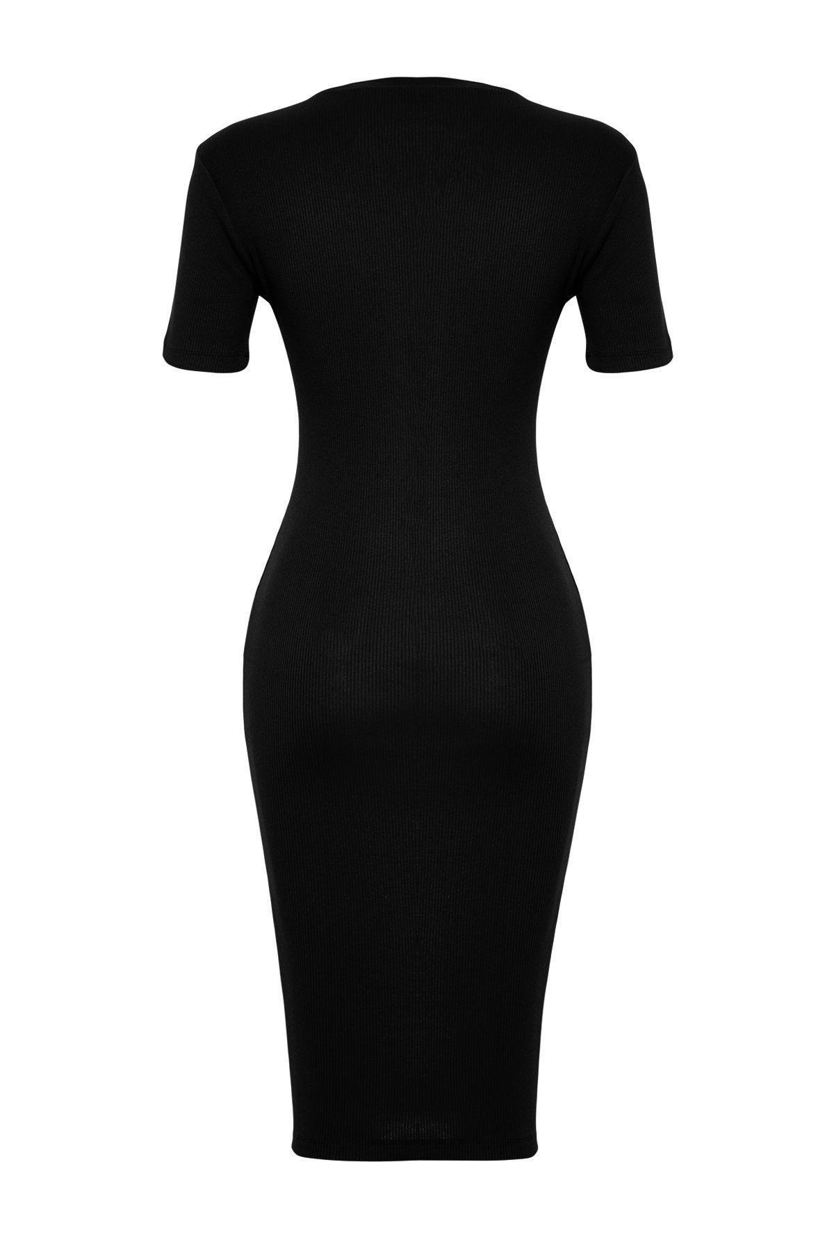 Black Short-Sleeve Ribbed Stretch Midi Dress, , large image number 6