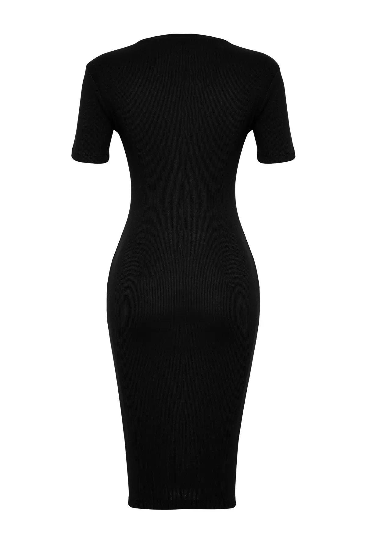 فستان مرن مضلع متوسط الطول بأكمام قصيرة، أسود, BLACK, large image number 6
