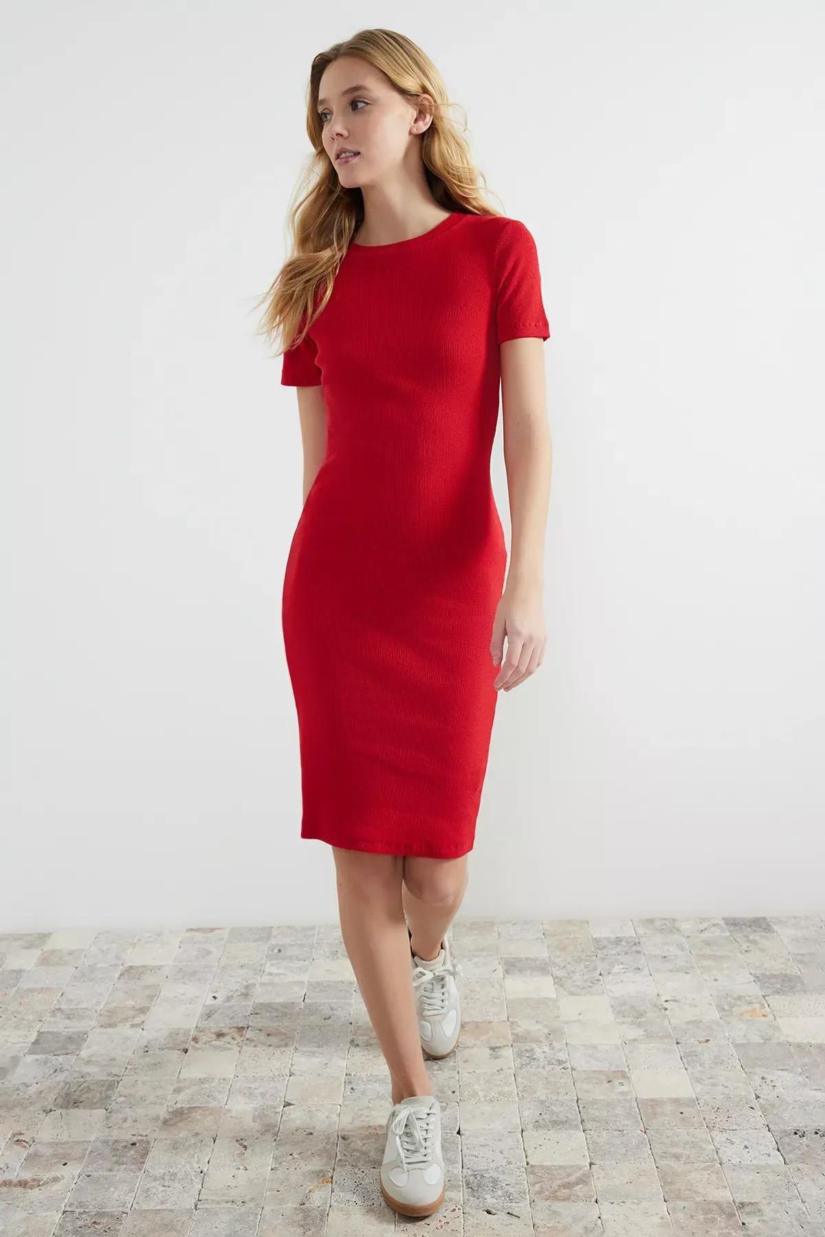 Red Short Sleeve Ribbed Midi Dress, , medium