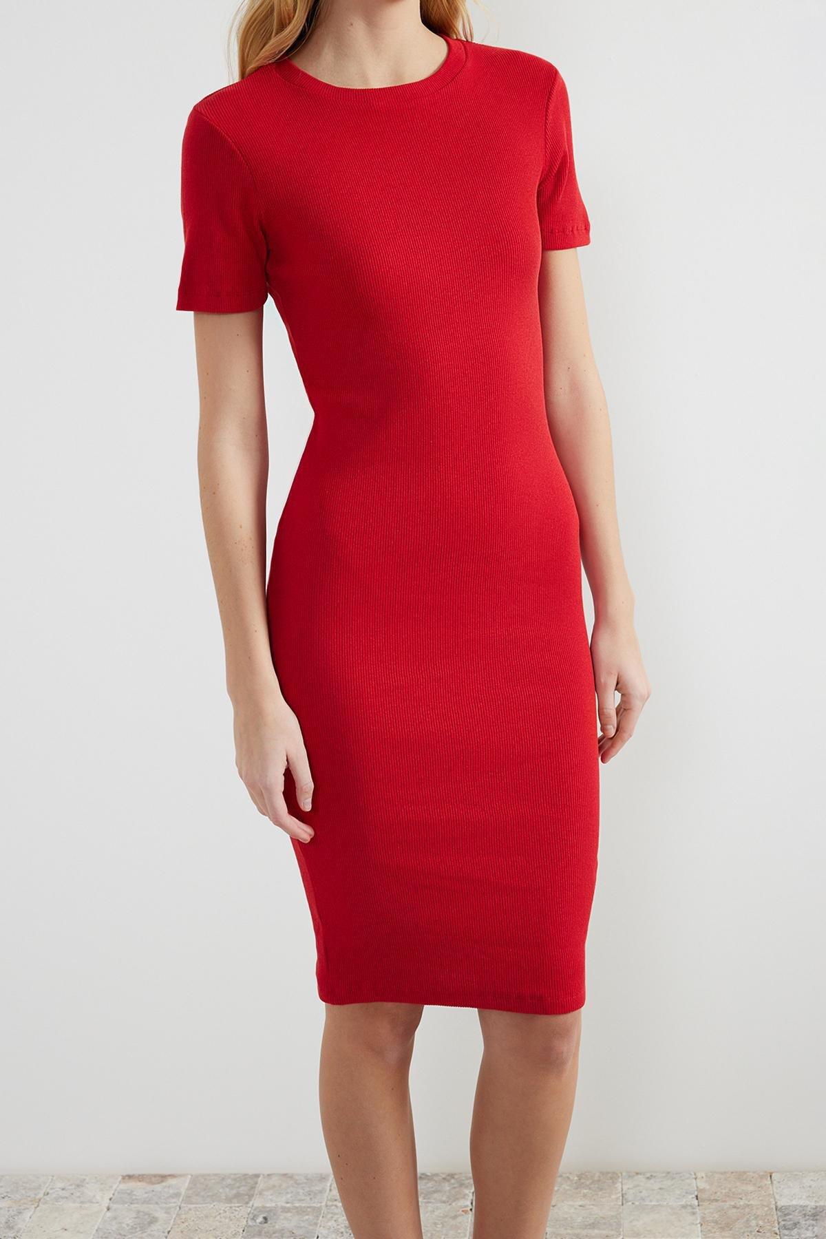 Red Short Sleeve Ribbed Midi Dress, , large image number 4