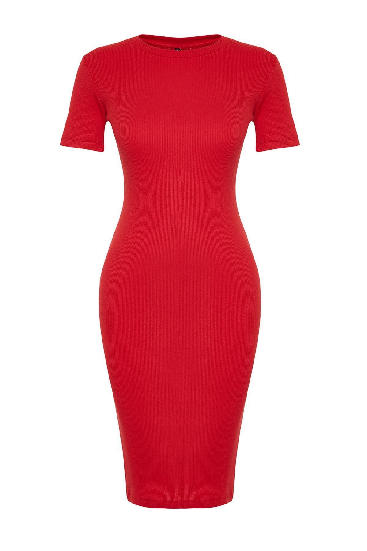 Red Short Sleeve Ribbed Midi Dress, , large image number 5