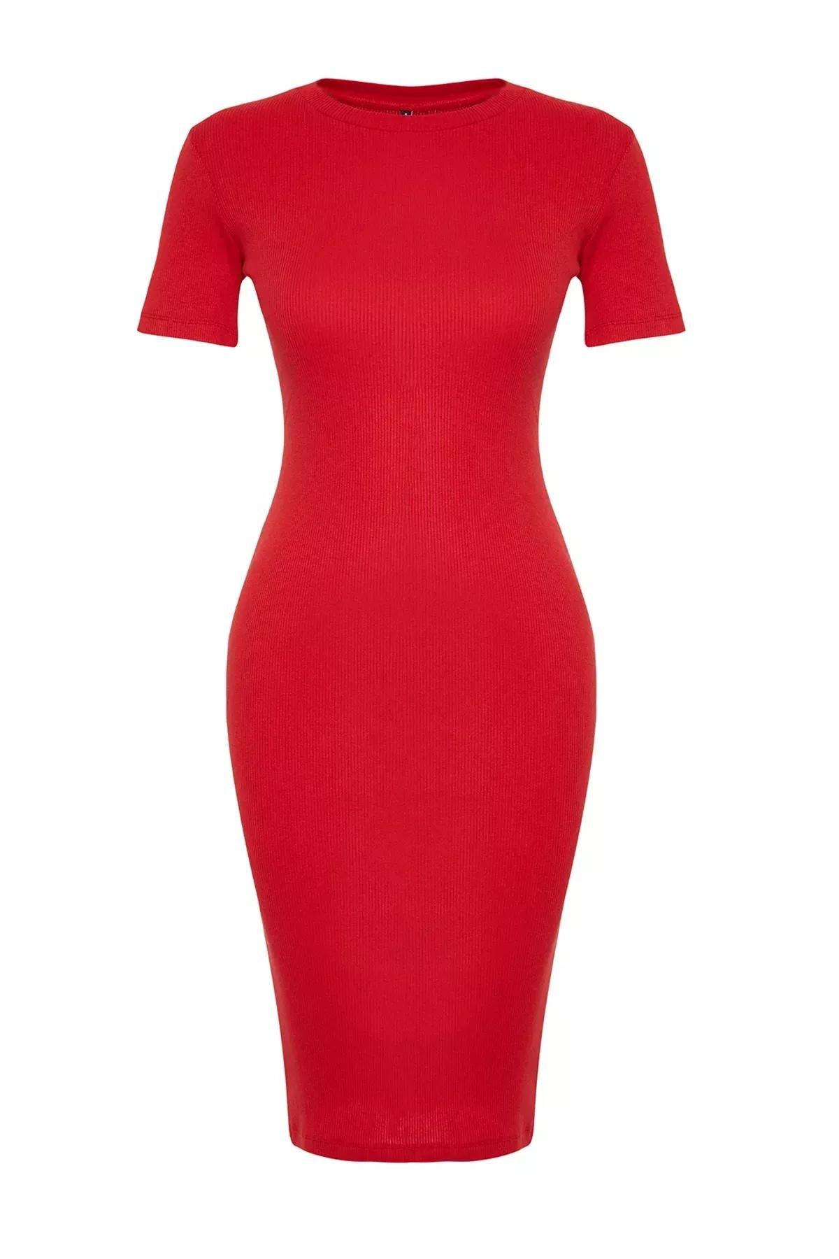 فستان متوسط الطول مضلع بأكمام قصيرة، أحمر, Red, large image number 5