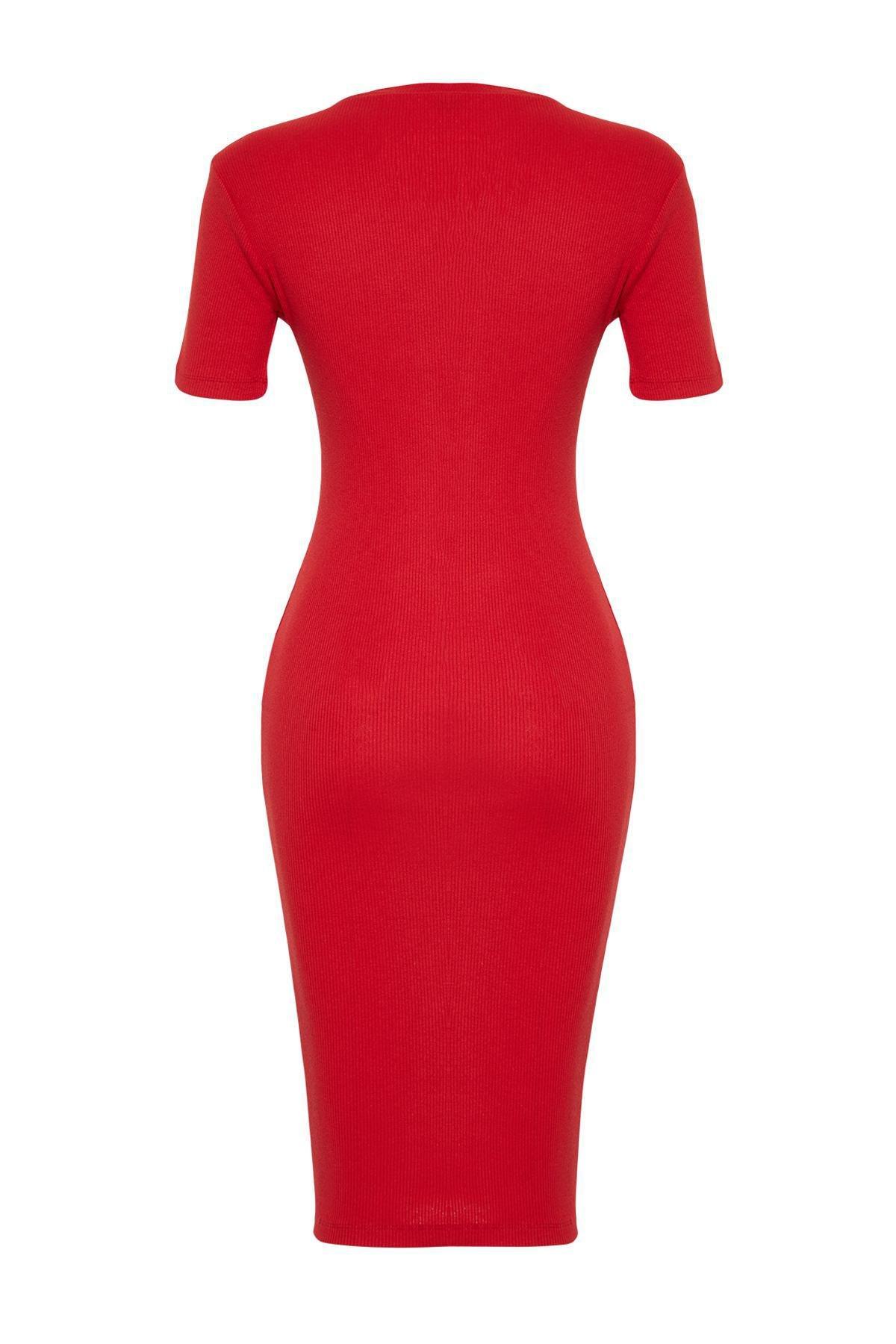Red Short Sleeve Ribbed Midi Dress, , large image number 6