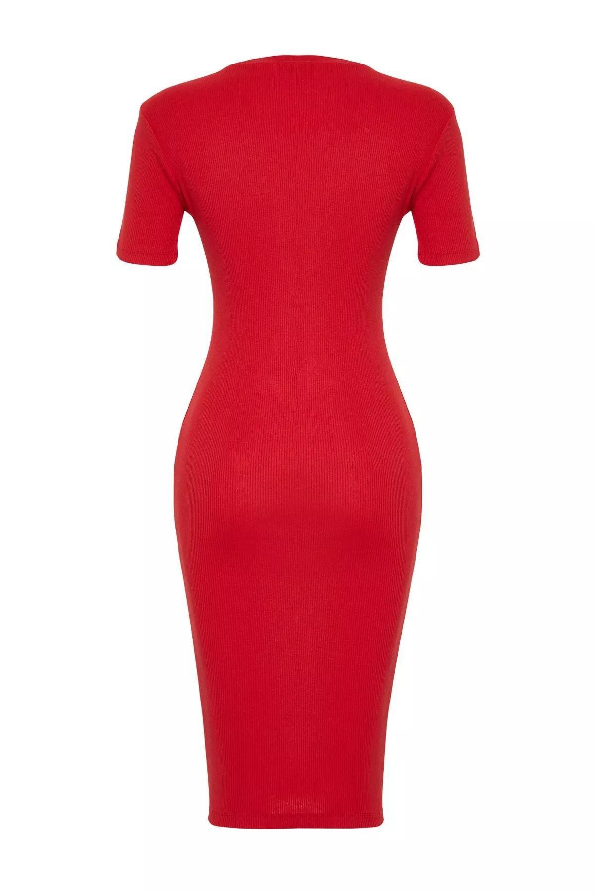 فستان متوسط الطول مضلع بأكمام قصيرة، أحمر, Red, large image number 6