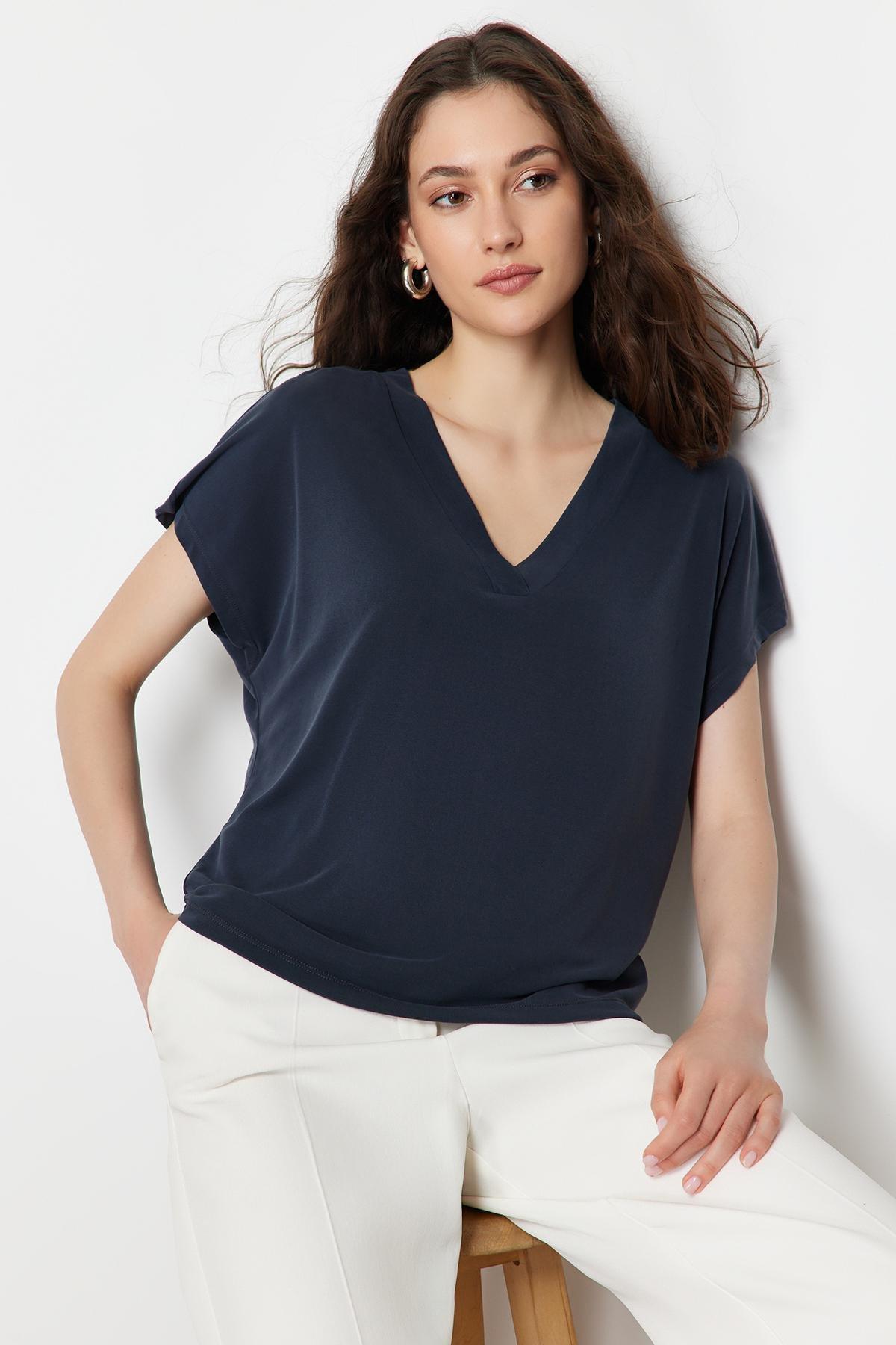 Anthracite Modal V-Neck Relaxed/Comfortable Cut Knitted T-Shirt TWOSS24TS00043, , large image number 0
