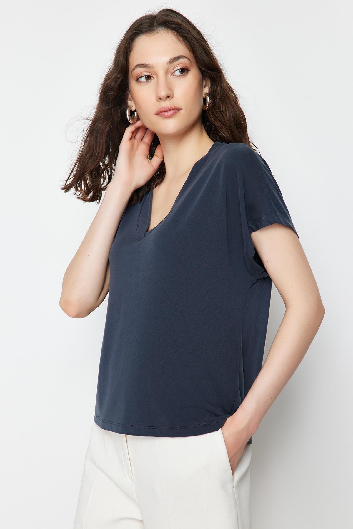 Anthracite Modal V-Neck Relaxed/Comfortable Cut Knitted T-Shirt TWOSS24TS00043, , large image number 1