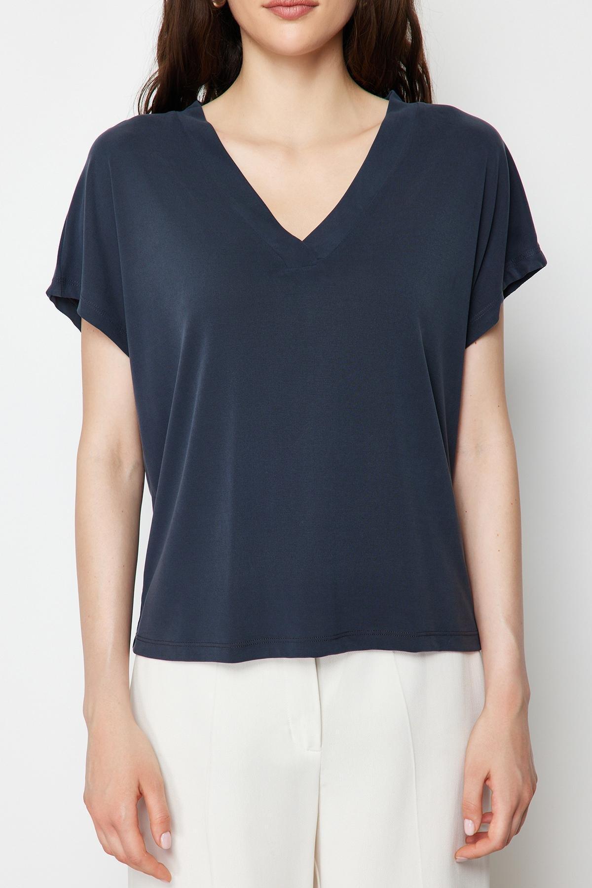 Anthracite Modal V-Neck Relaxed/Comfortable Cut Knitted T-Shirt TWOSS24TS00043, , large image number 2