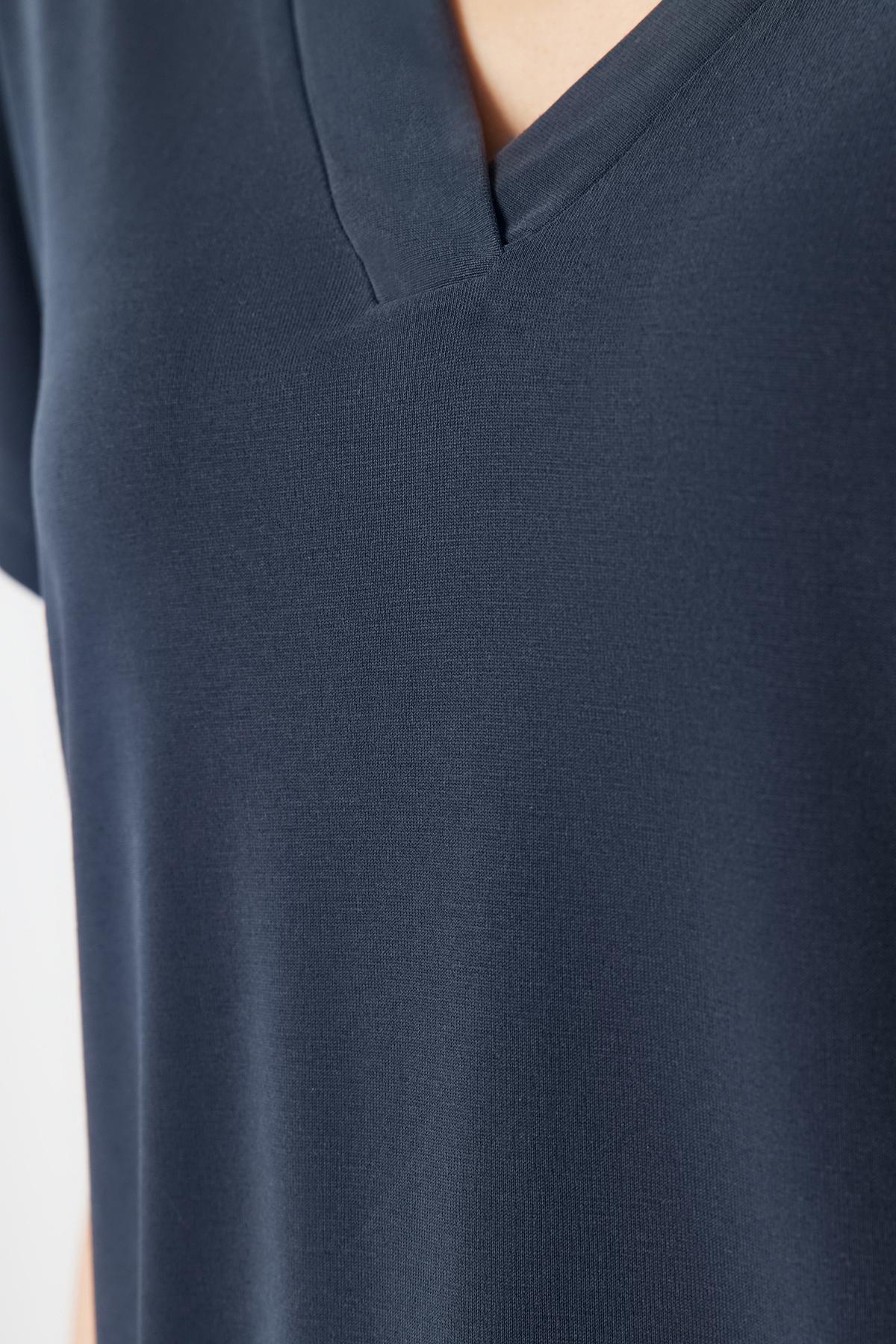 Anthracite Modal V-Neck Relaxed/Comfortable Cut Knitted T-Shirt TWOSS24TS00043, , large image number 3