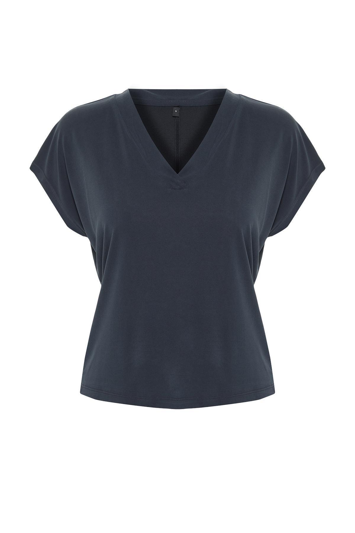 Anthracite Modal V-Neck Relaxed/Comfortable Cut Knitted T-Shirt TWOSS24TS00043, , large image number 4