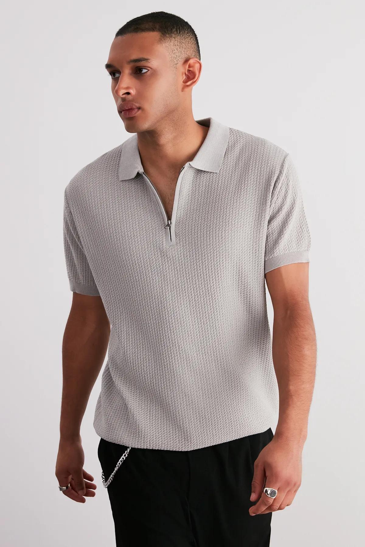 Stone Regular Fit Openwork Zippered Knitwear Polo Neck T-Shirt TMNSS24PO00001, , medium