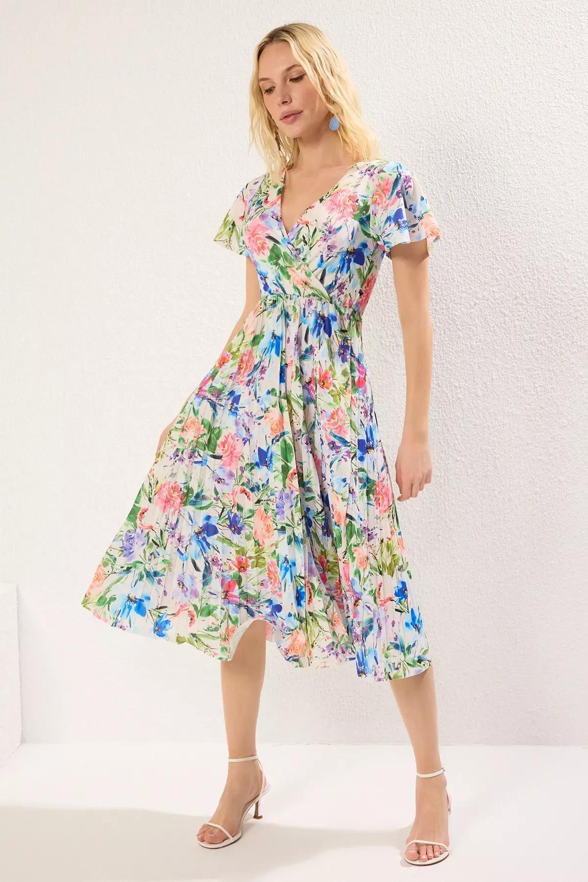 Blue Floral Skater Pleated Midi Dress, , large image number 0