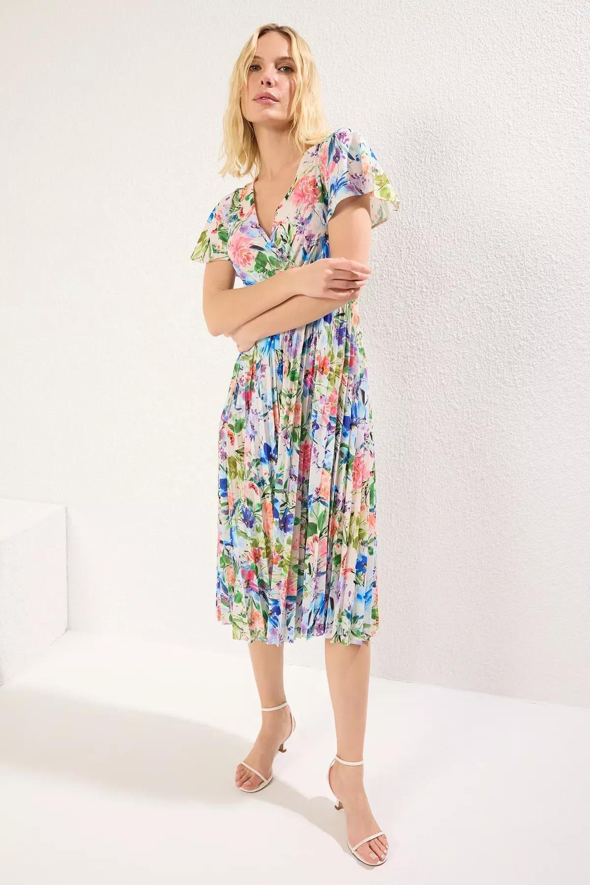 Blue Floral Skater Pleated Midi Dress, , large image number 1