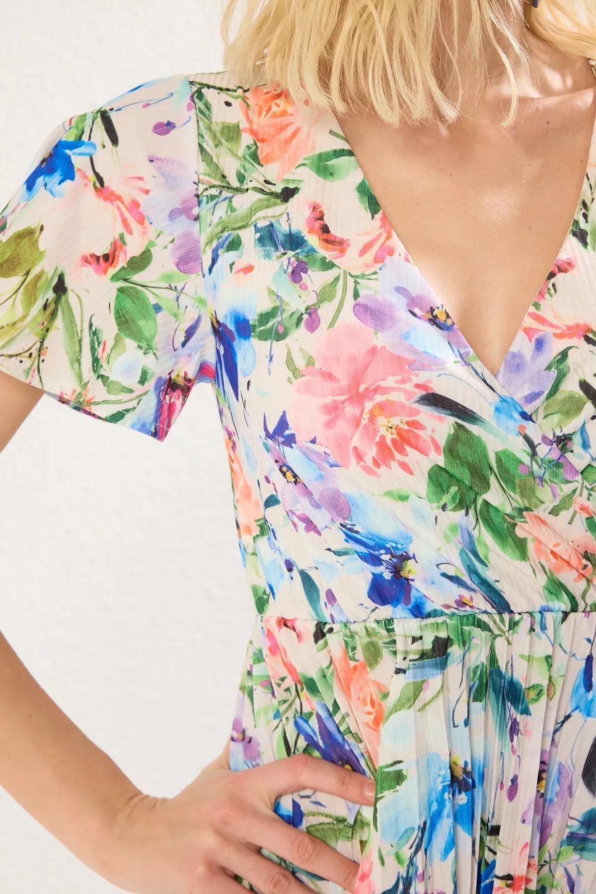 Blue Floral Skater Pleated Midi Dress, , large image number 3