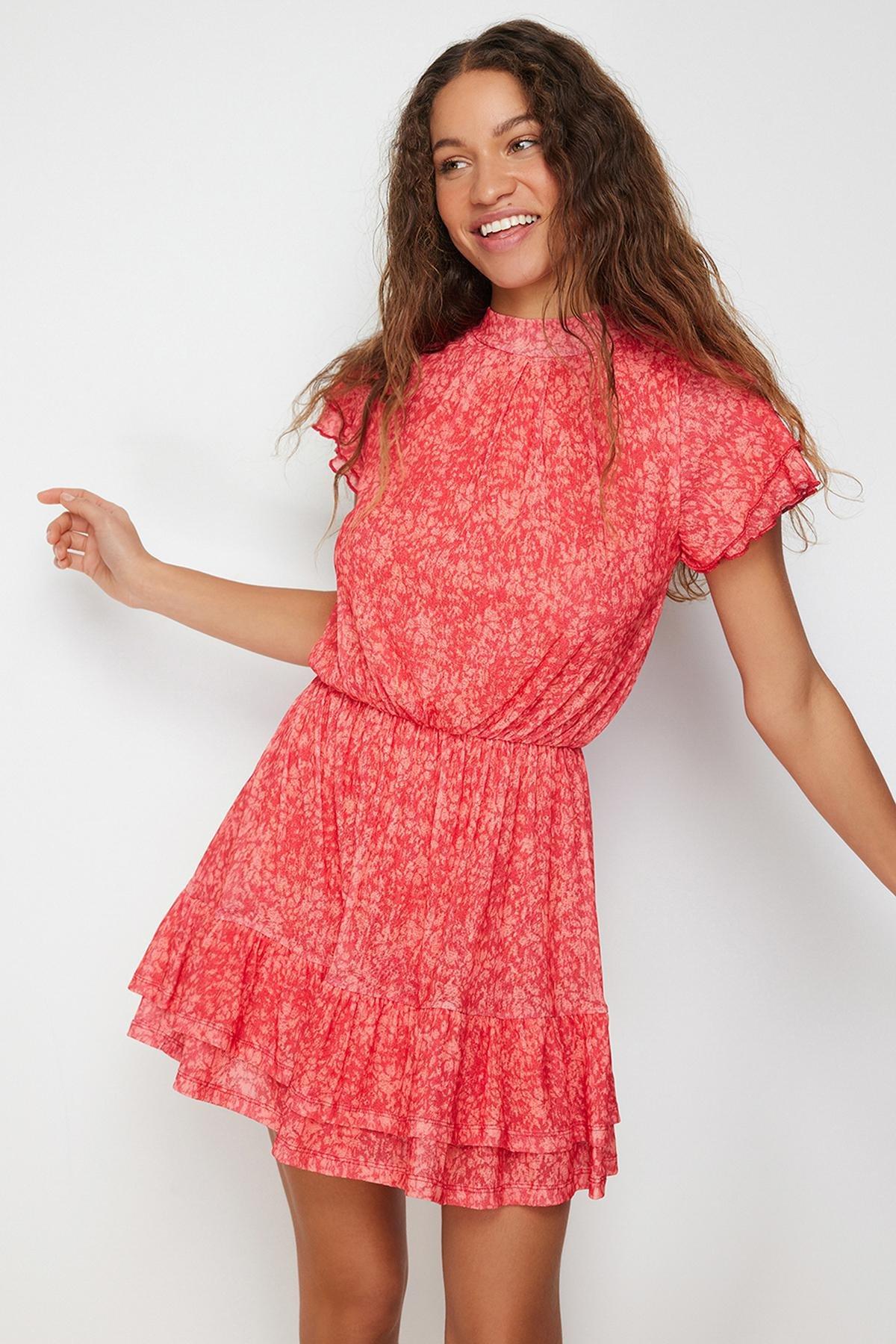 Red Textured Collared Knitted Mini Dress, , large image number 0