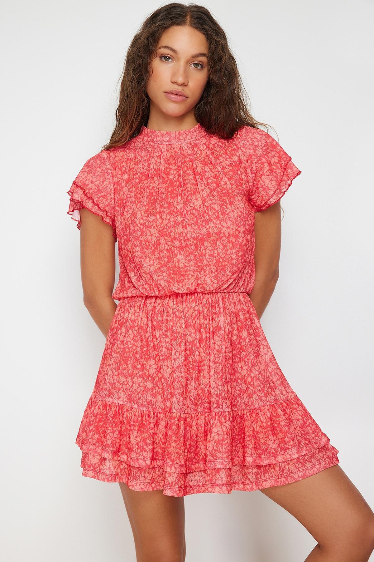 Red Textured Collared Knitted Mini Dress, , large image number 1