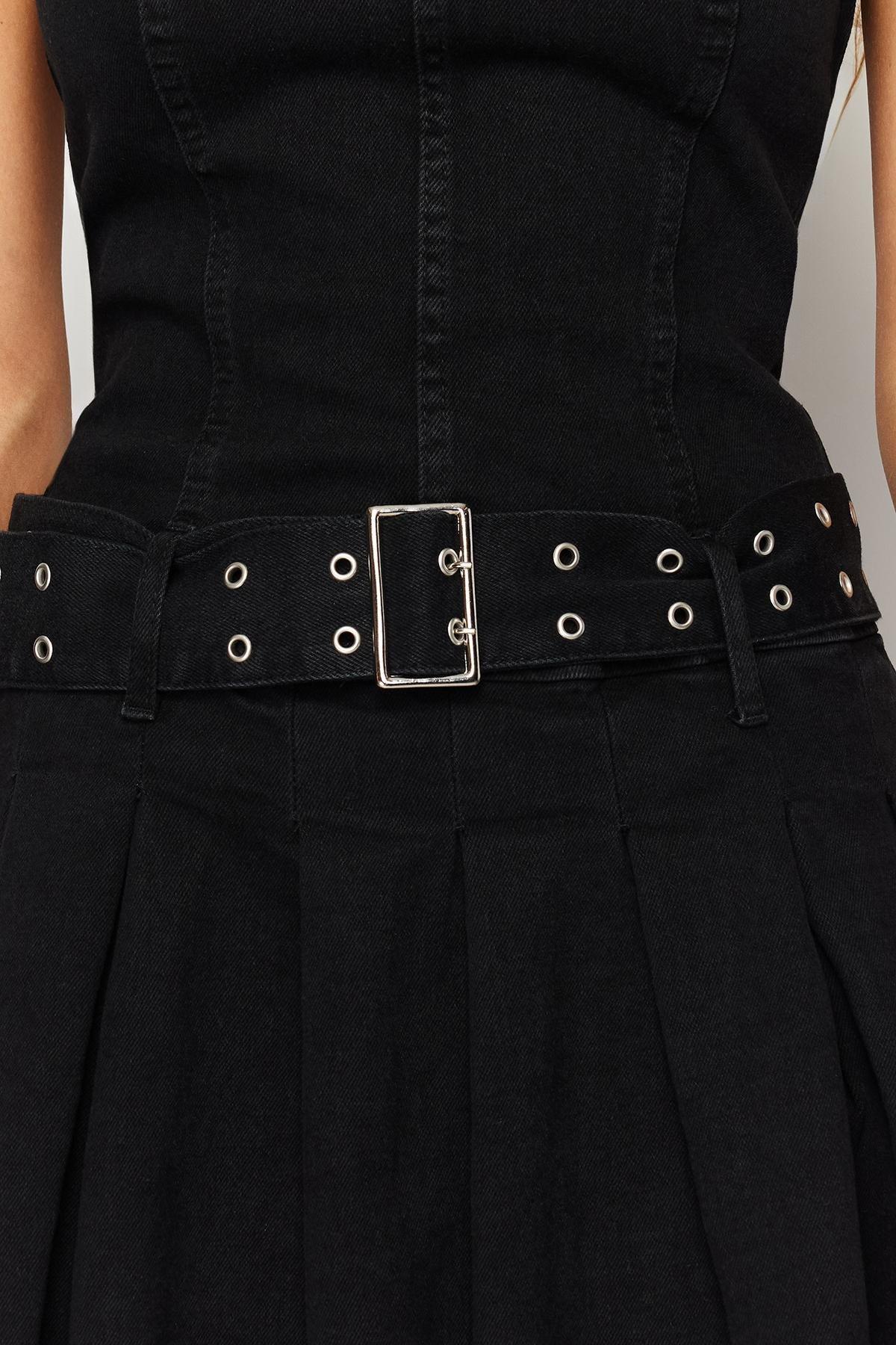 Black Belted Denim Mini Dress, , large image number 3