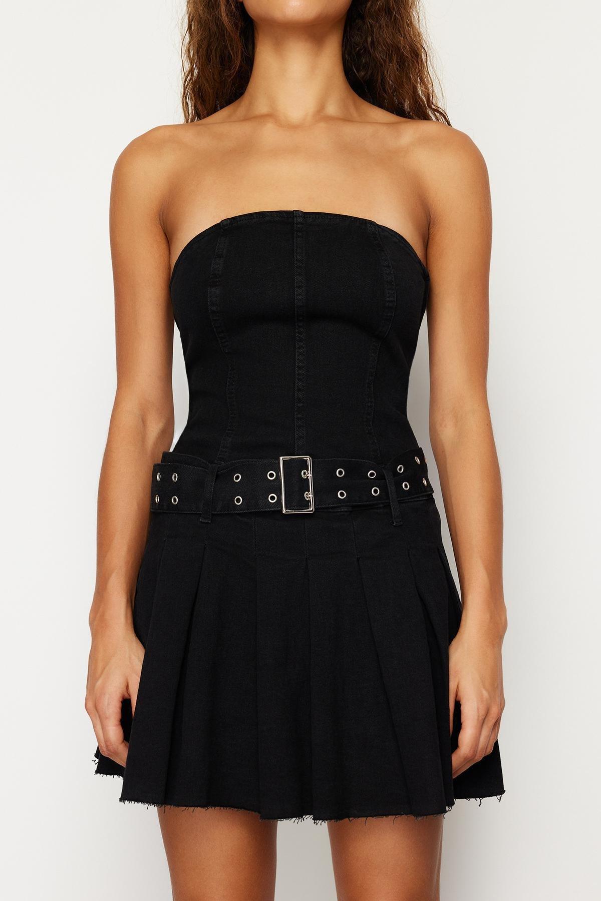 Black Belted Denim Mini Dress, , large image number 4