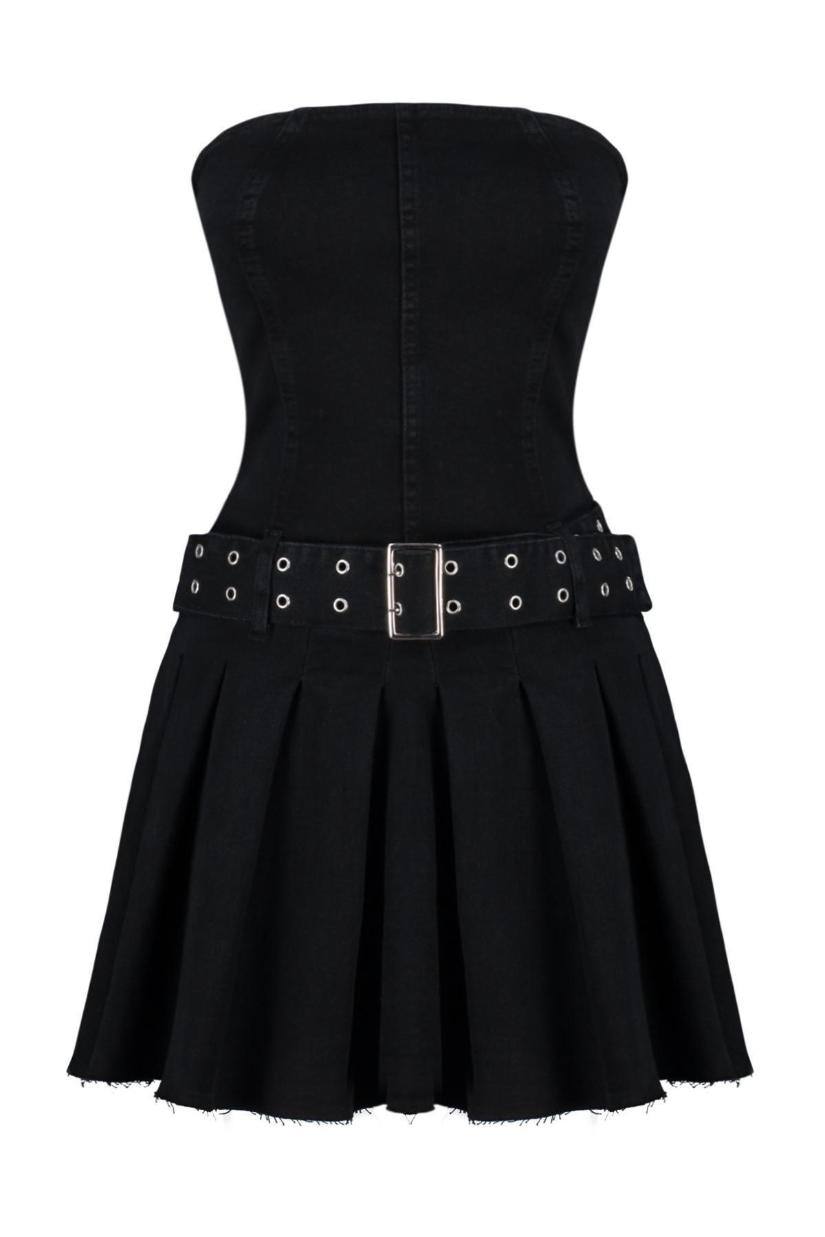 Black Belted Denim Mini Dress, , large image number 5