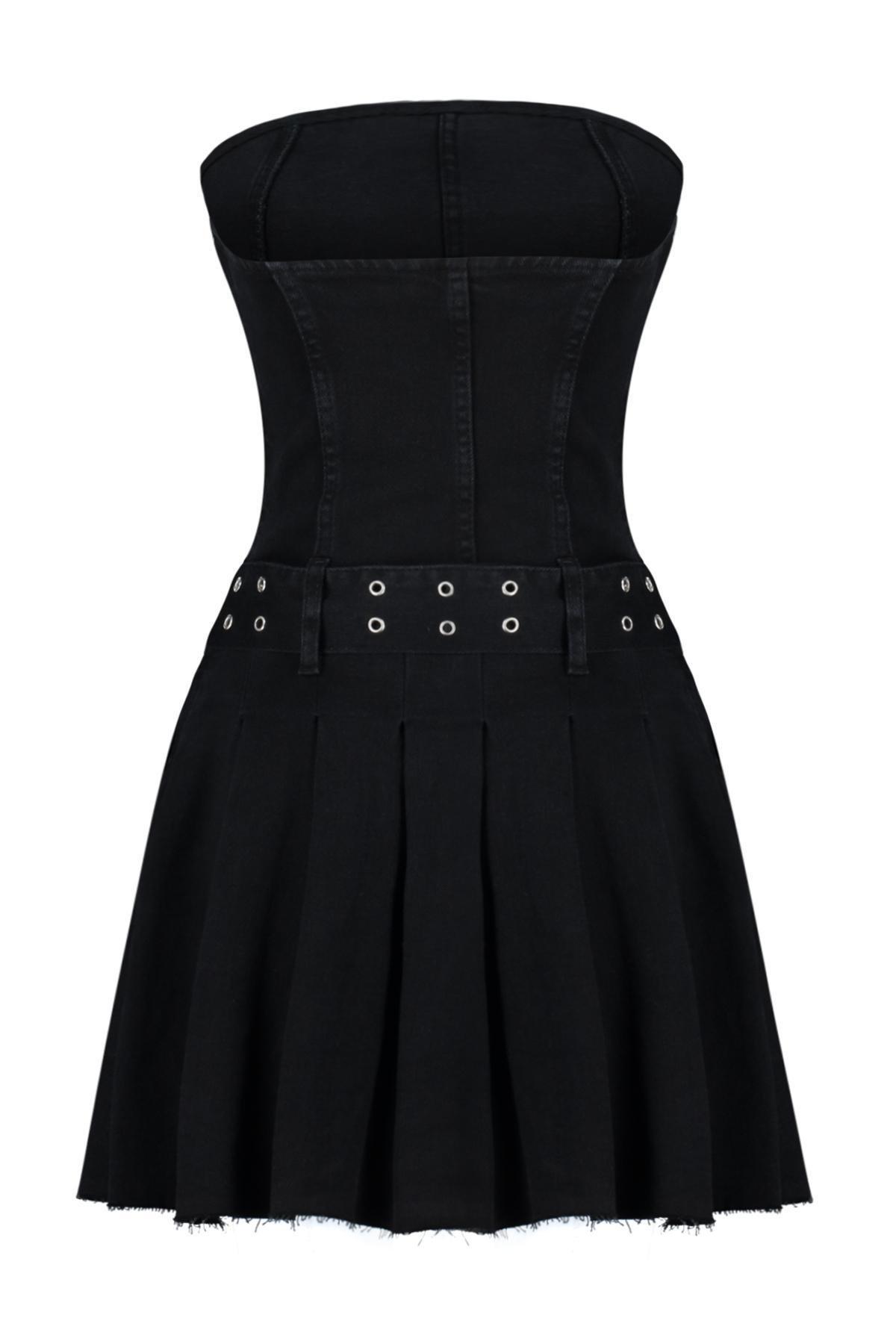 Black Belted Denim Mini Dress, , large image number 6
