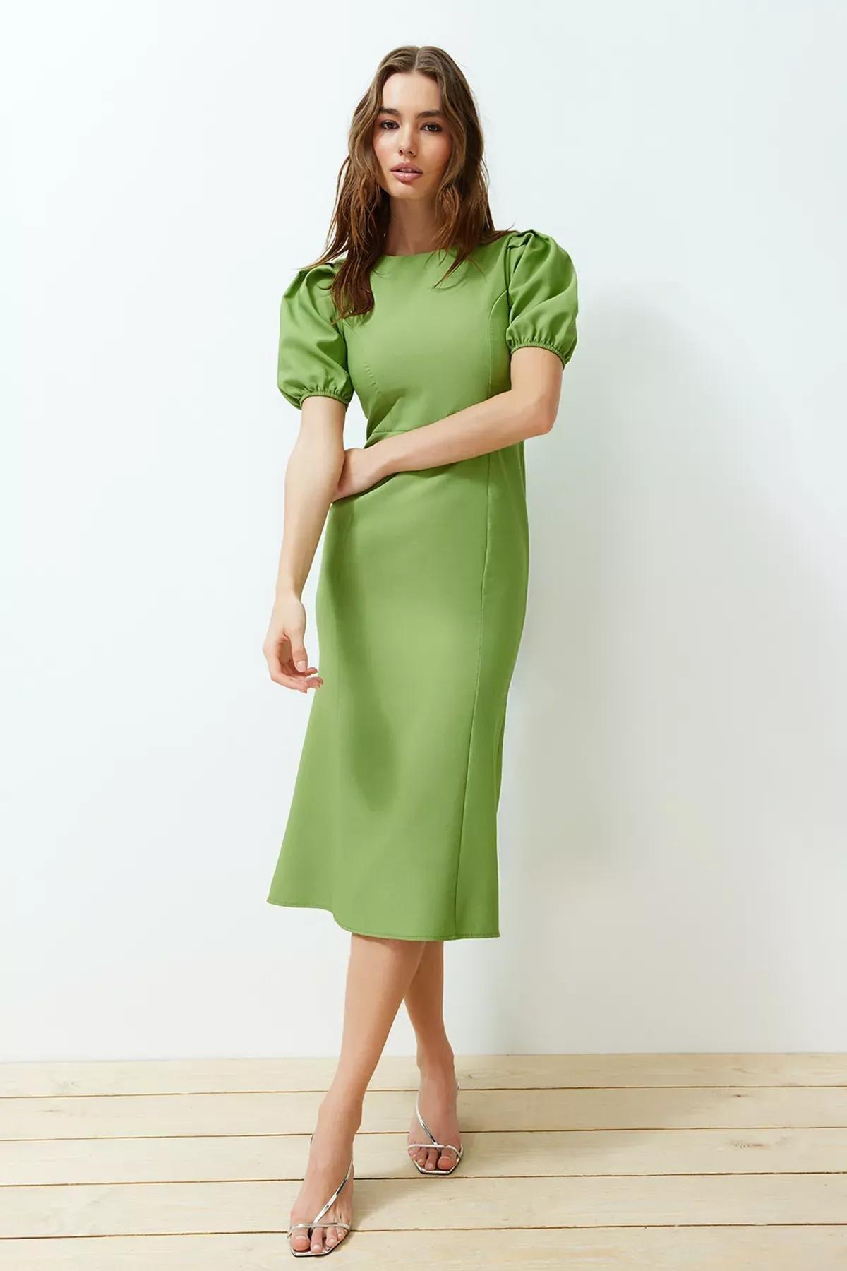 Green Wrapped Ped Midi Balloon Sleeve Dress, Green, large image number 0