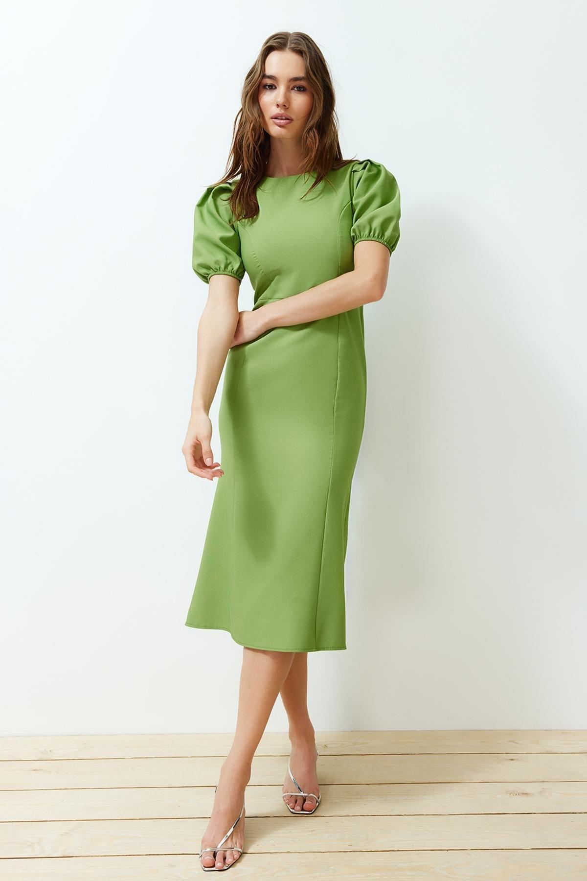 Green Wrapped Ped Midi Balloon Sleeve Dress, , large image number 1