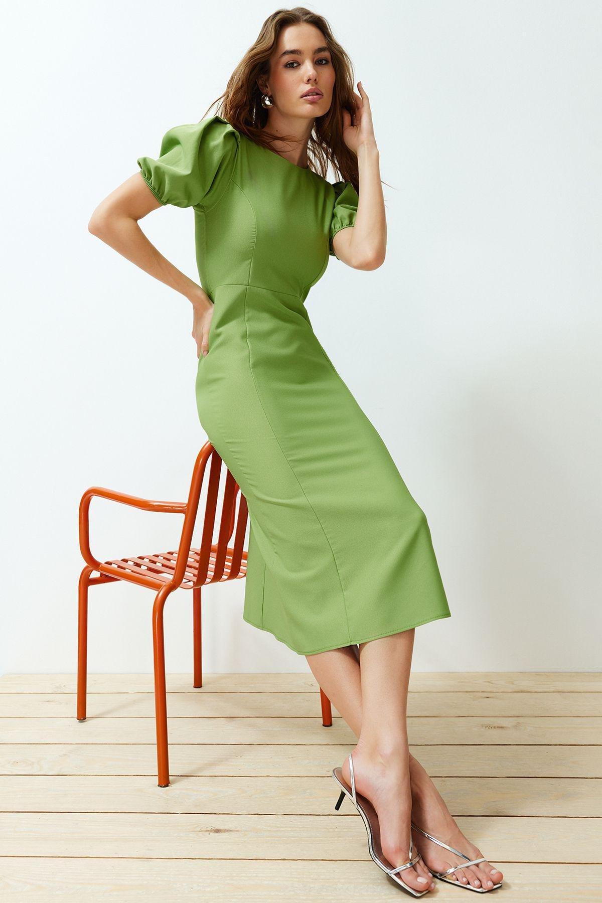 Green Wrapped Ped Midi Balloon Sleeve Dress, , large image number 2