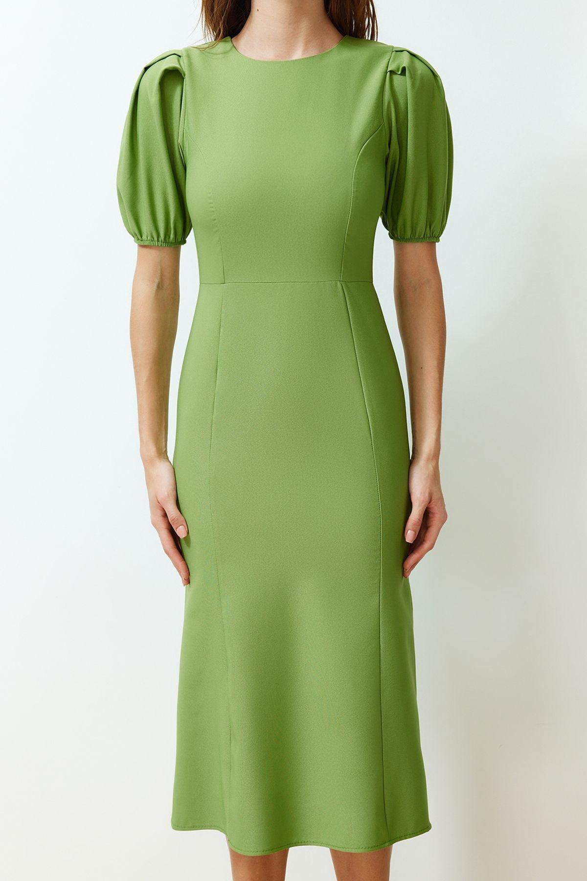 Green Wrapped Ped Midi Balloon Sleeve Dress, , large image number 3