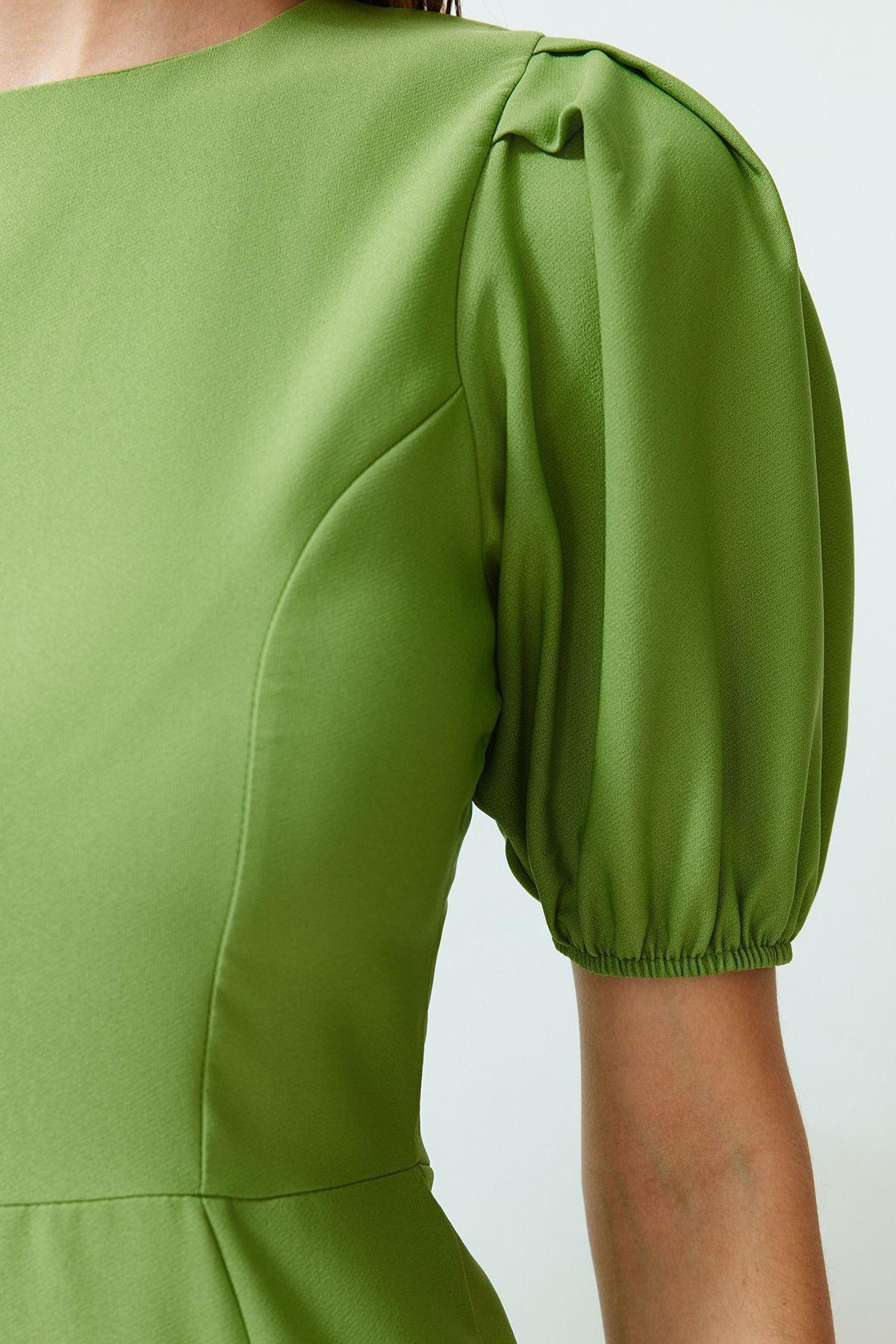 Green Wrapped Ped Midi Balloon Sleeve Dress, , large image number 4