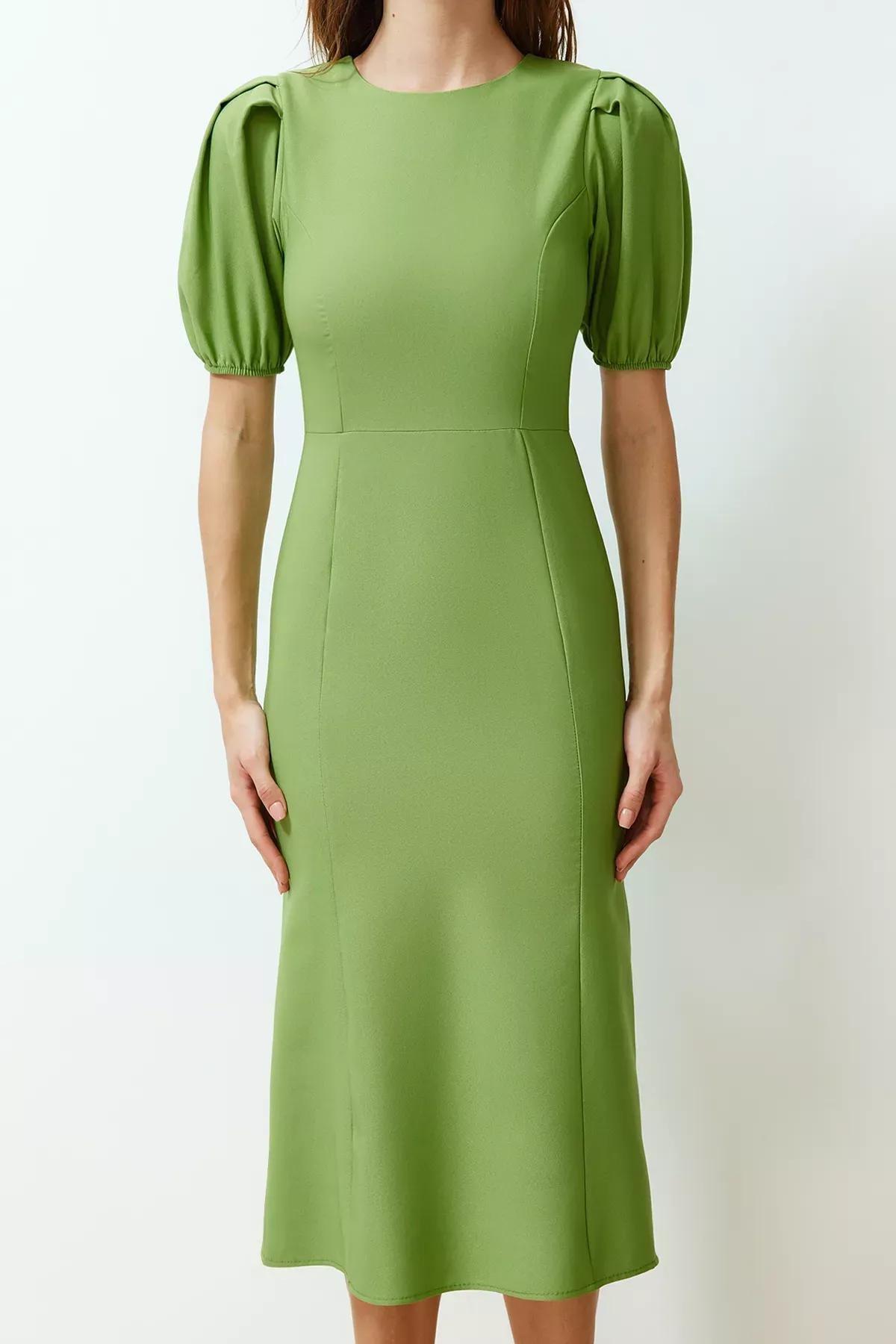 Green Wrapped Ped Midi Balloon Sleeve Dress, Green, large image number 4
