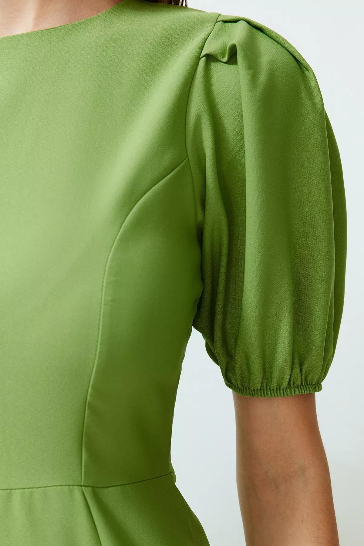 Green Wrapped Ped Midi Balloon Sleeve Dress, Green, large image number 5