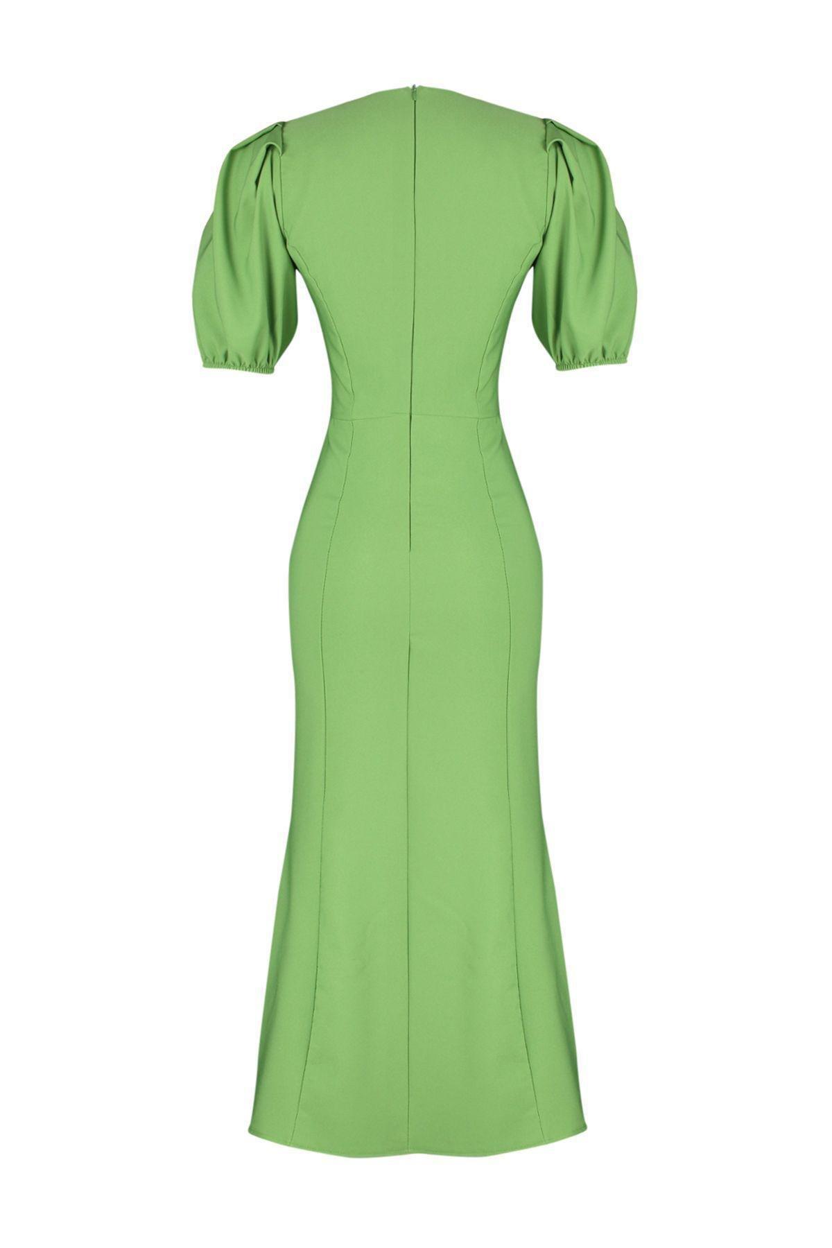Green Wrapped Ped Midi Balloon Sleeve Dress, , large image number 6