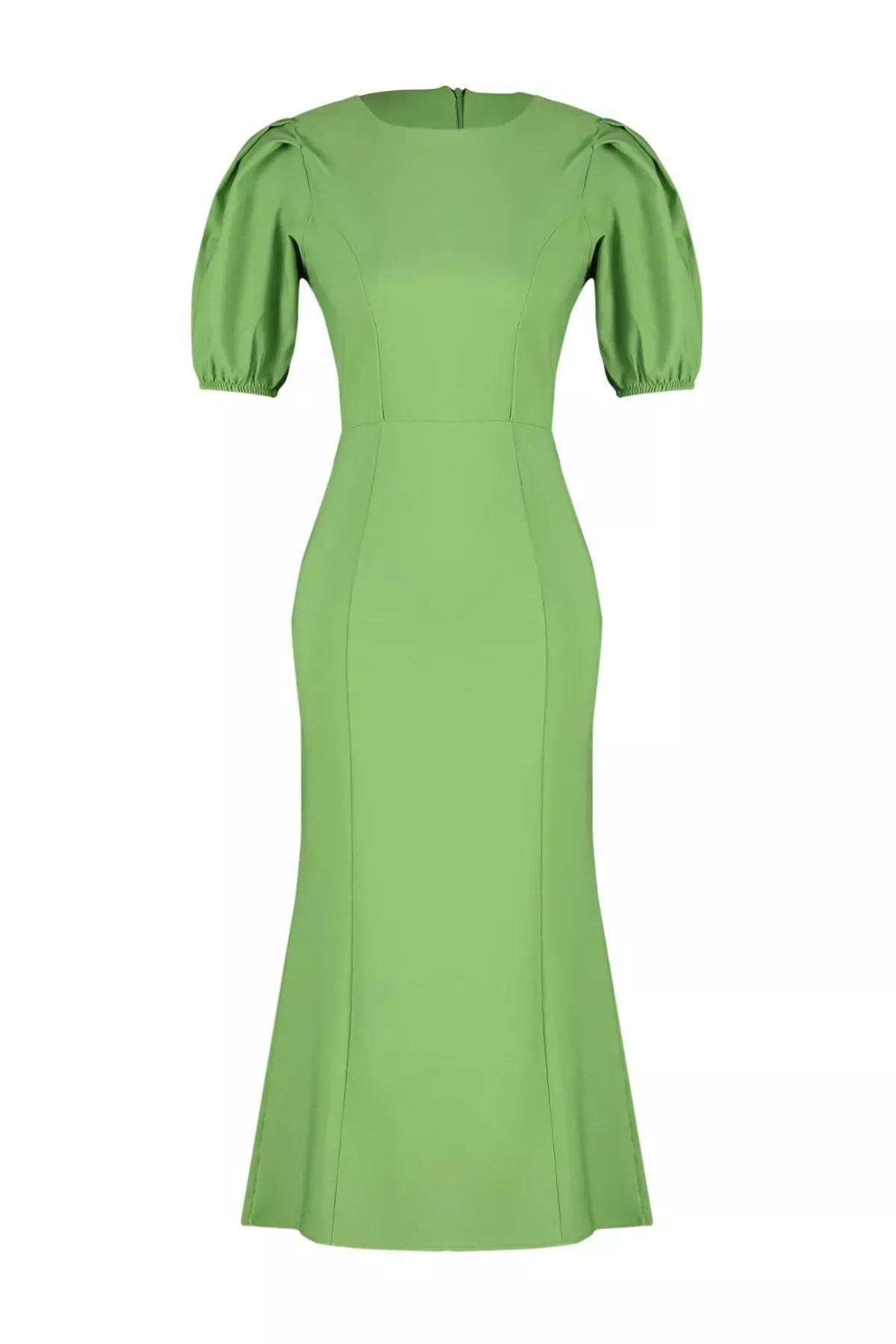 Green Wrapped Ped Midi Balloon Sleeve Dress, Green, large image number 6